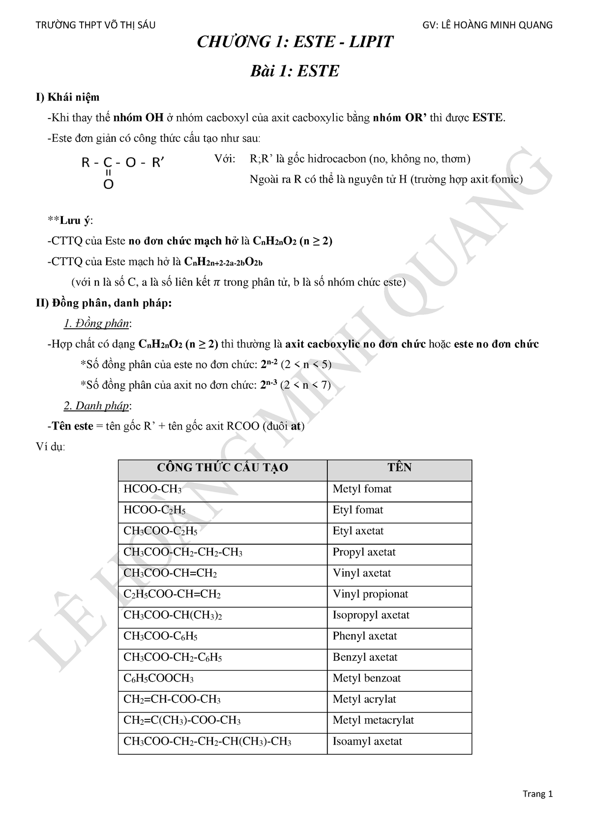 LÝ THUYẾT ESTE Lipit - Chemistry - CHƯƠNG 1: ESTE - LIPIT Bài 1: ESTE I ...