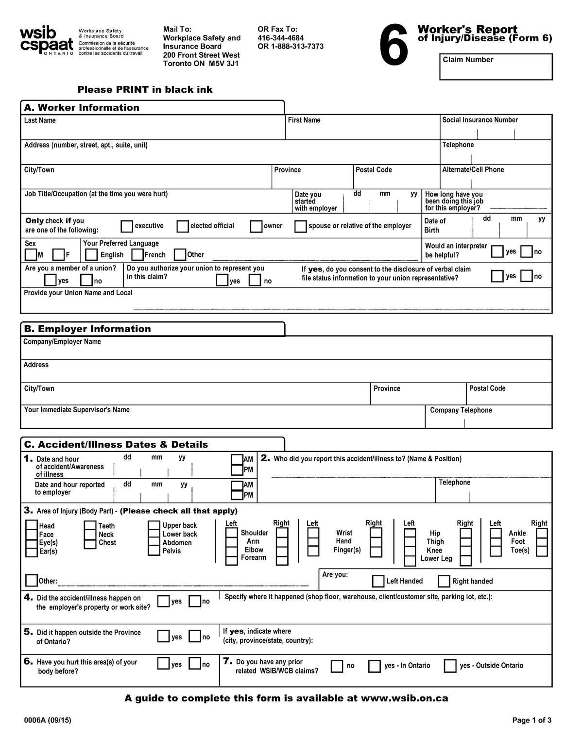 Wsib FORM 6 Fillable Online Or Print 2 Mail To Workplace Safety 