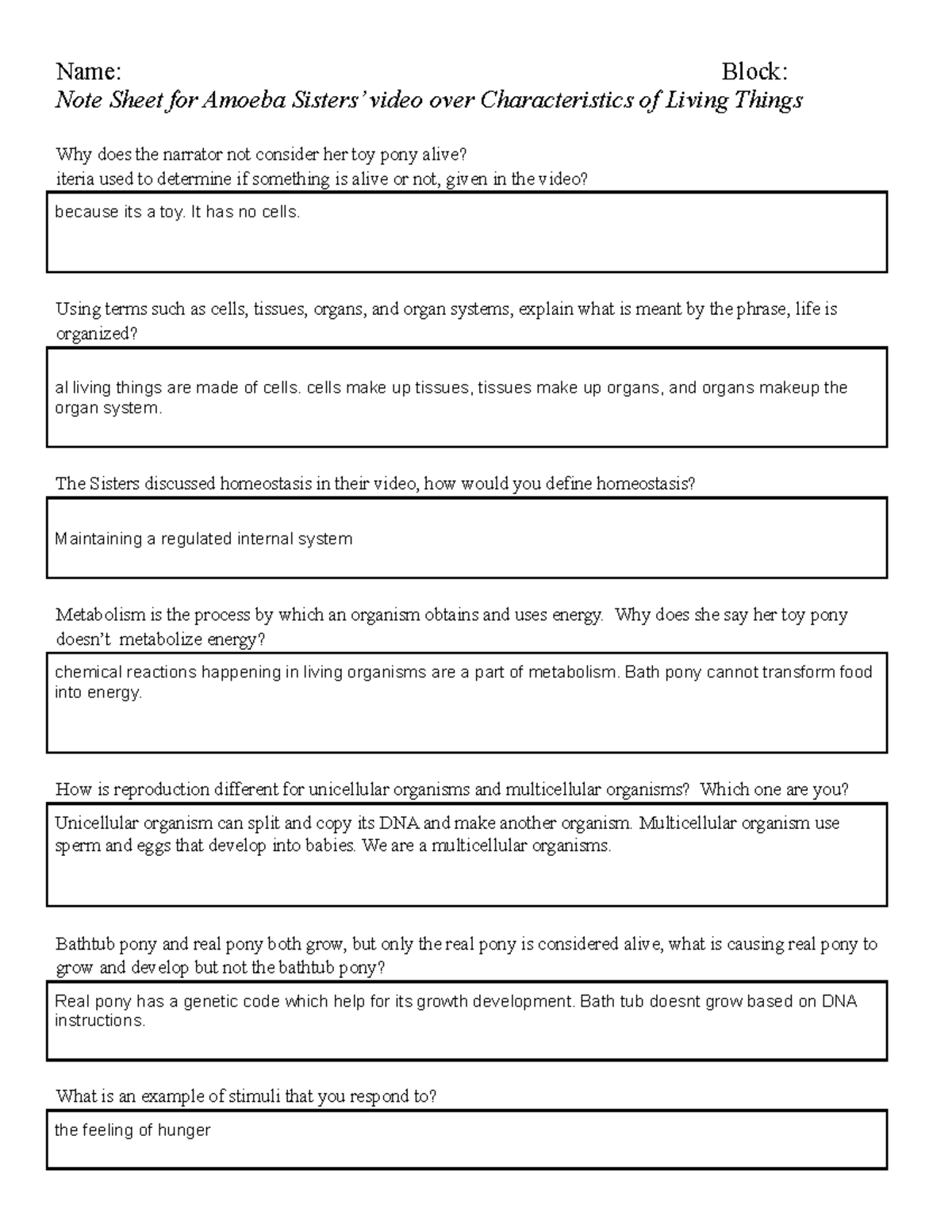 Note Sheet For Amoeba Sister S Video Over Characteristics Of Living Things Name Block Note Sheet Studocu