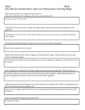 Note Sheet For Amoeba Sister S Video Over Characteristics Of Living Things Name Block Note Sheet Studocu