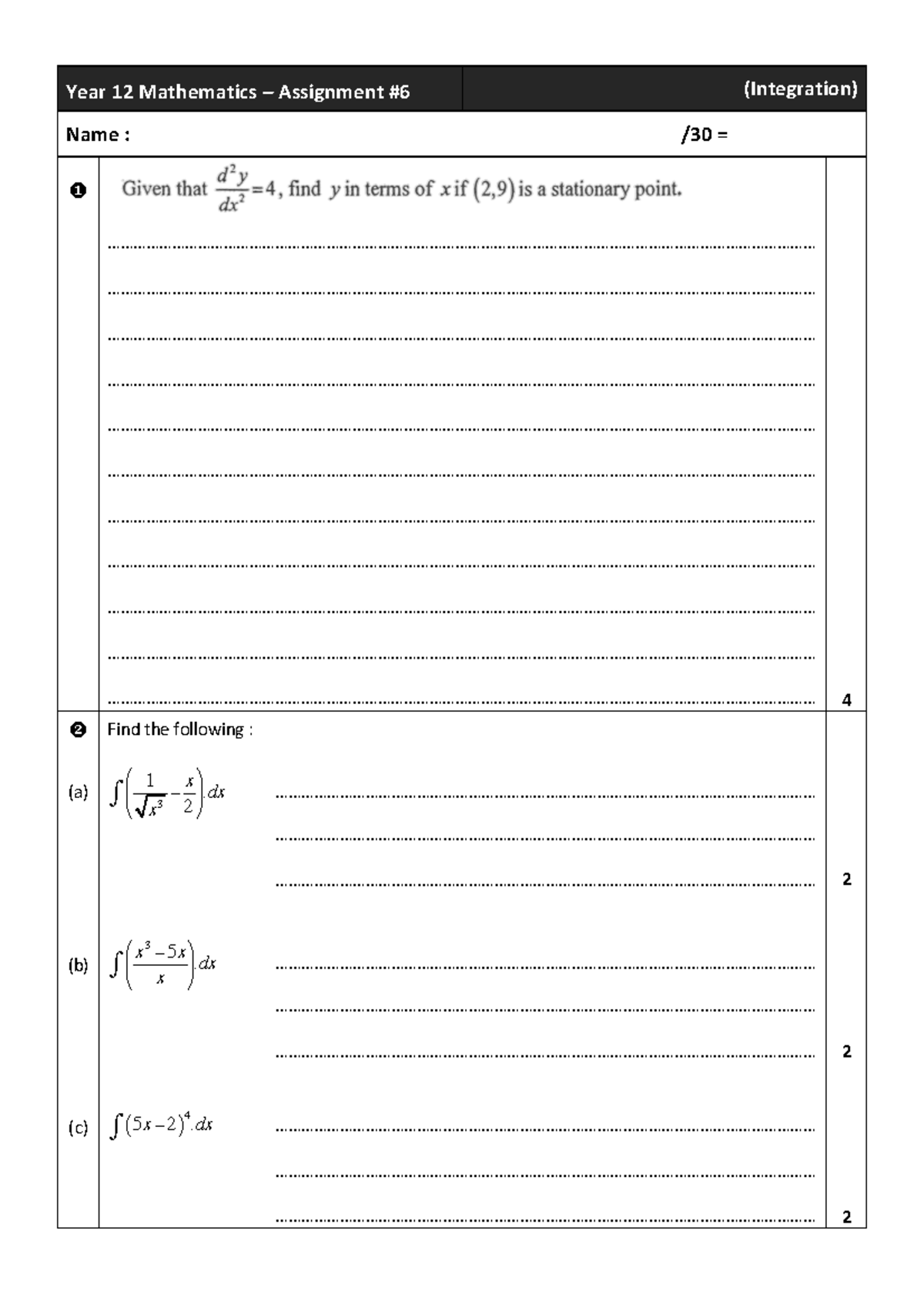 Assignment 6 - Integration - Year 12 Mathematics 3 Assignment #6 ...