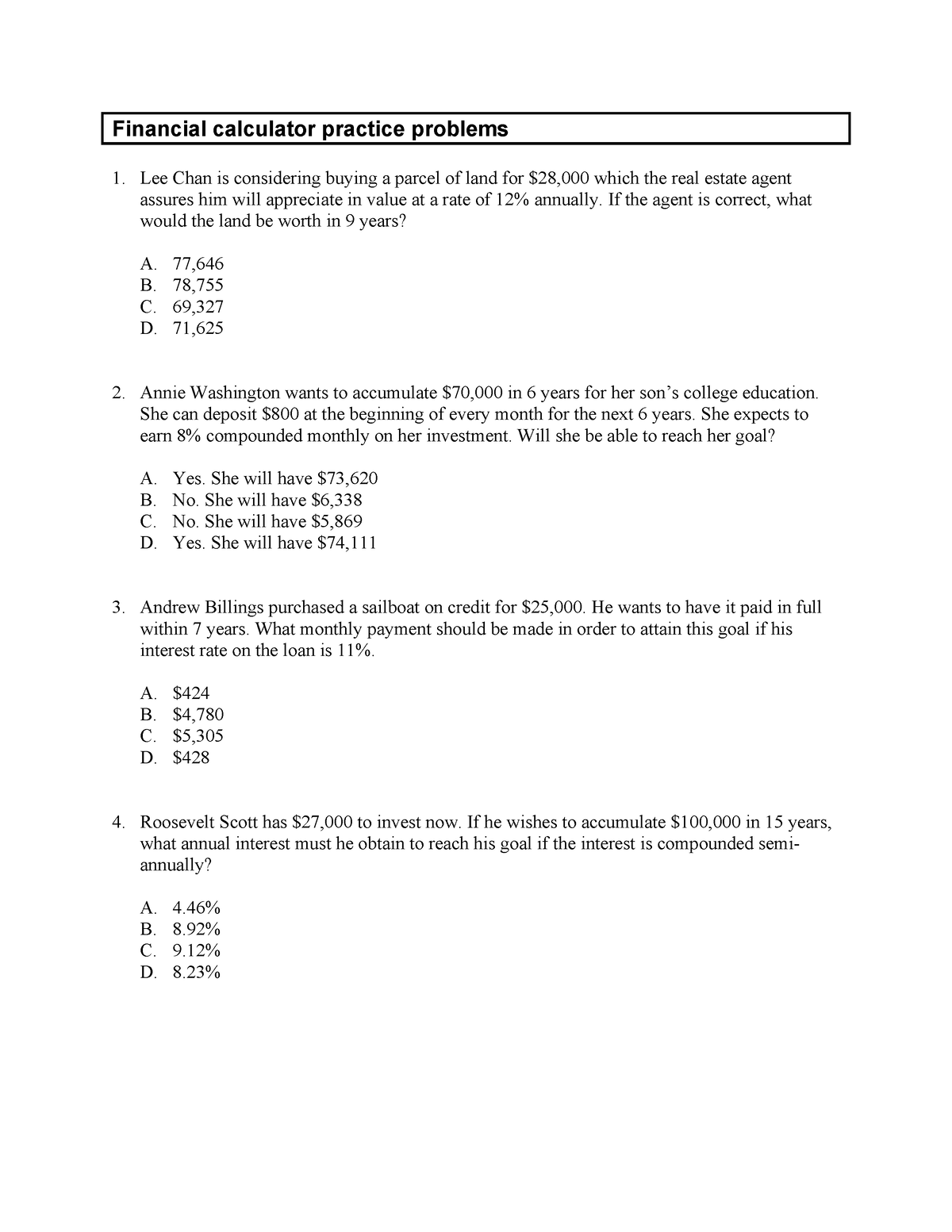 financing & business planning math quiz answers