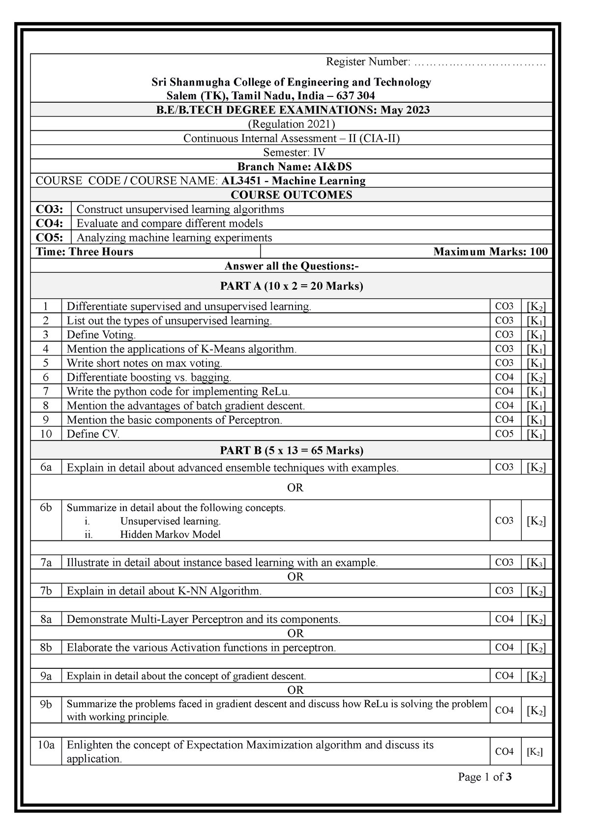 ML Set 2 QB - Question paper - Register Number ...