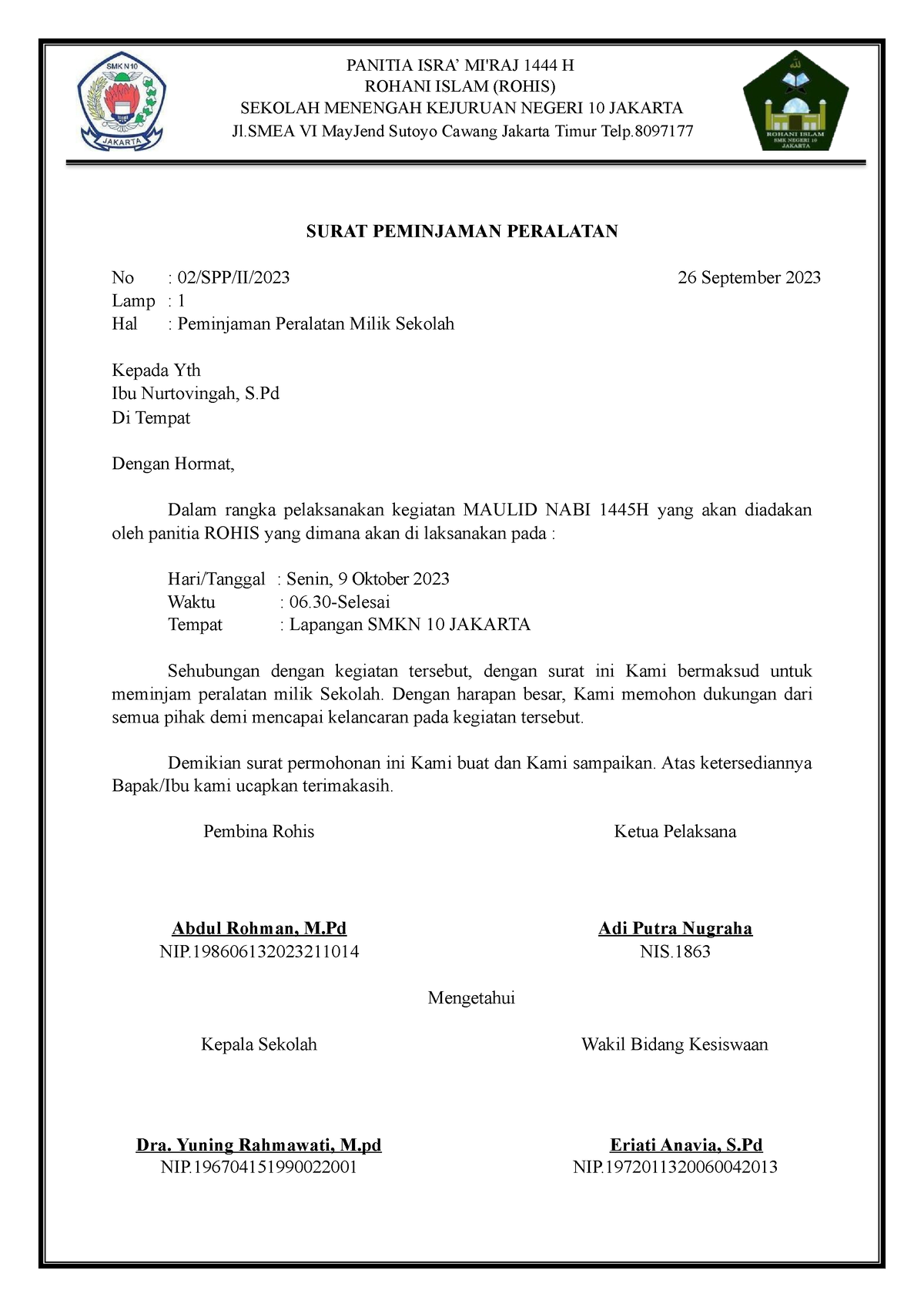 Surat Peminjaman Peralatan Maulid Nabi 1445H - SURAT PEMINJAMAN ...