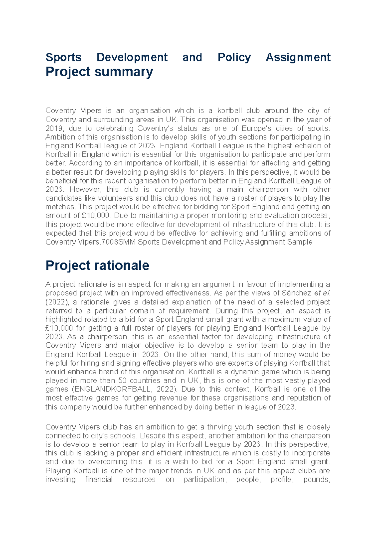 Sports Development and Policy Assignment Project summary - Sports ...