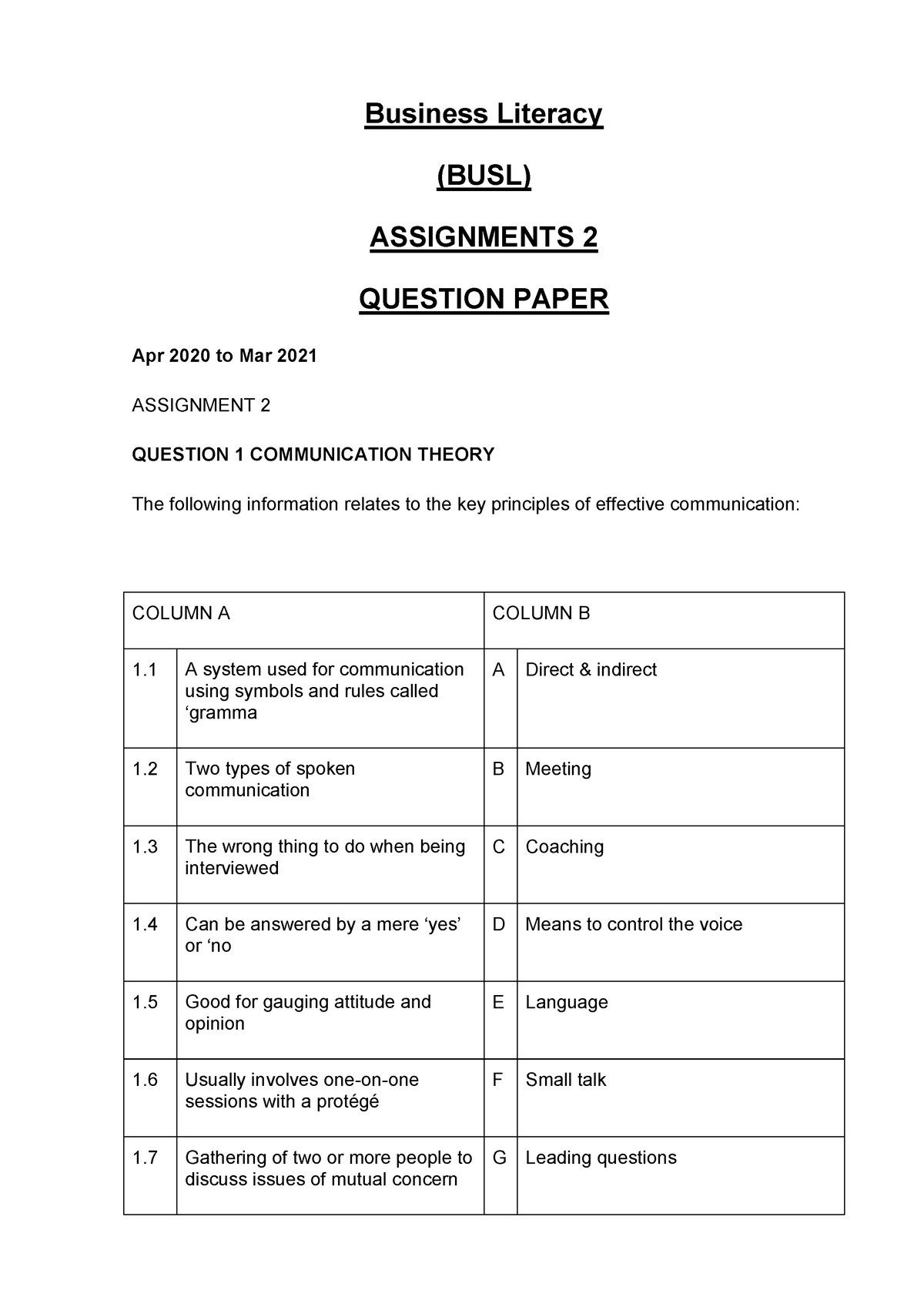 Business Literacy Assignment 2 - Business Literacy (BUSL) ASSIGNMENTS 2 ...