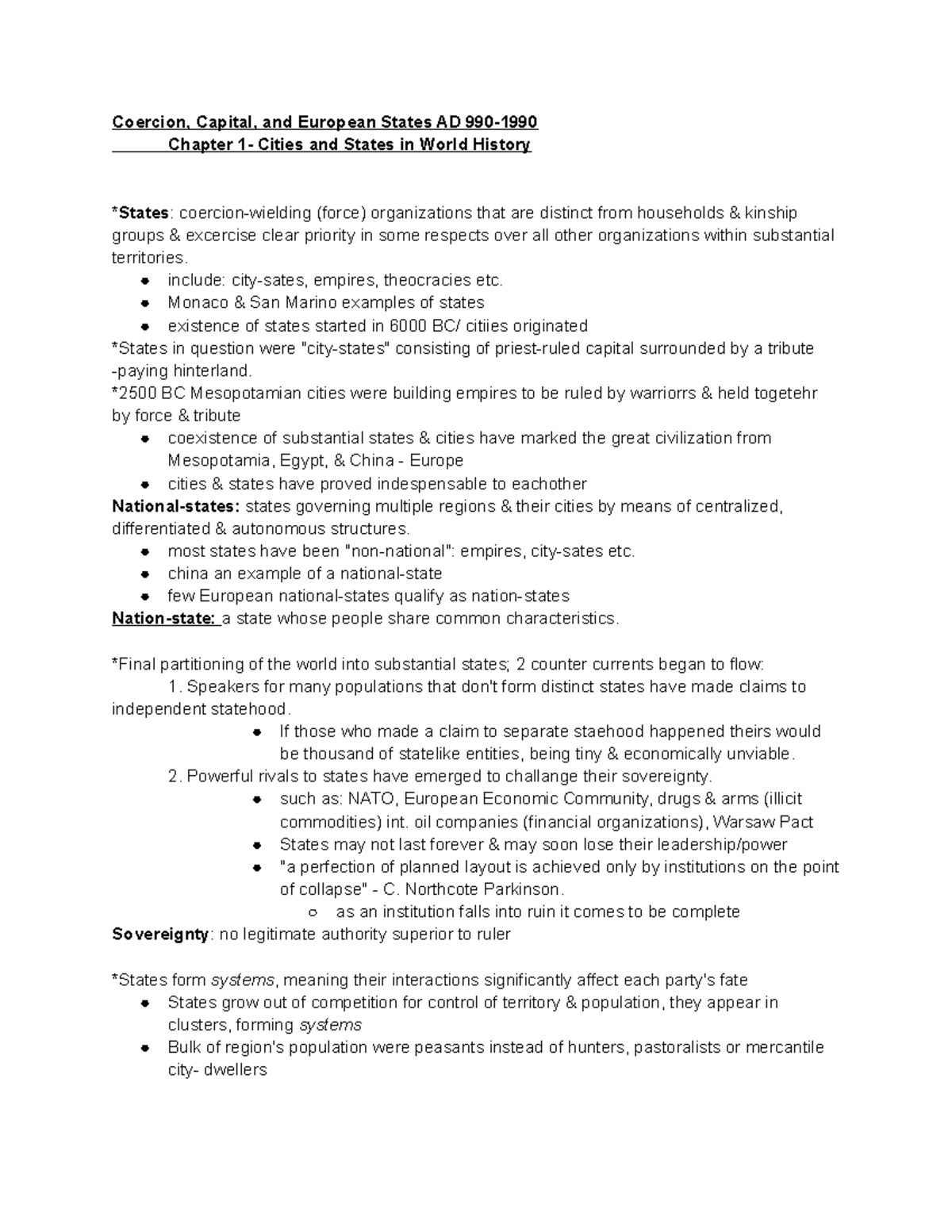 Notes On Excerpts CPO - Coercion, Capital, And European States AD ...