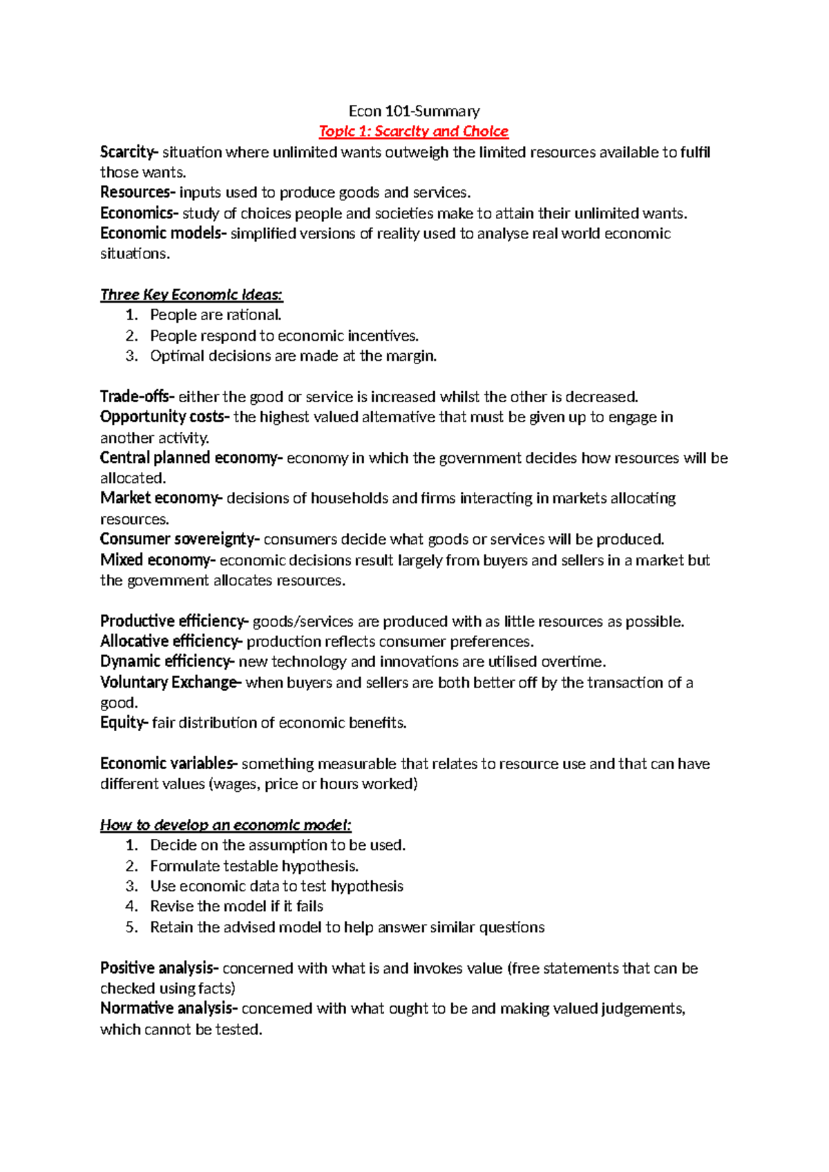 Econ 101 Topic Summaries 1-10 - Econ 101-Summary Topic 1: Scarcity and ...