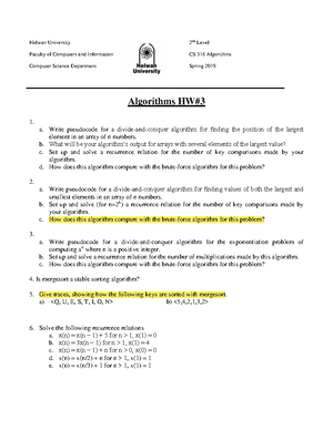 Algorithm Sheet 2 - ) What value is returned by previous algorithms ...