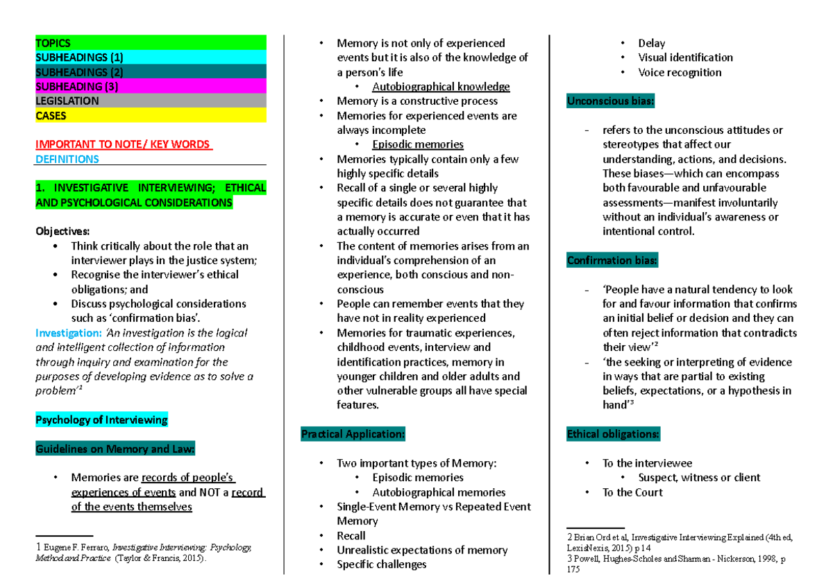 LAW270 Notes - topic 1-6 - TOPICS SUBHEADINGS (1) SUBHEADINGS (2 ...