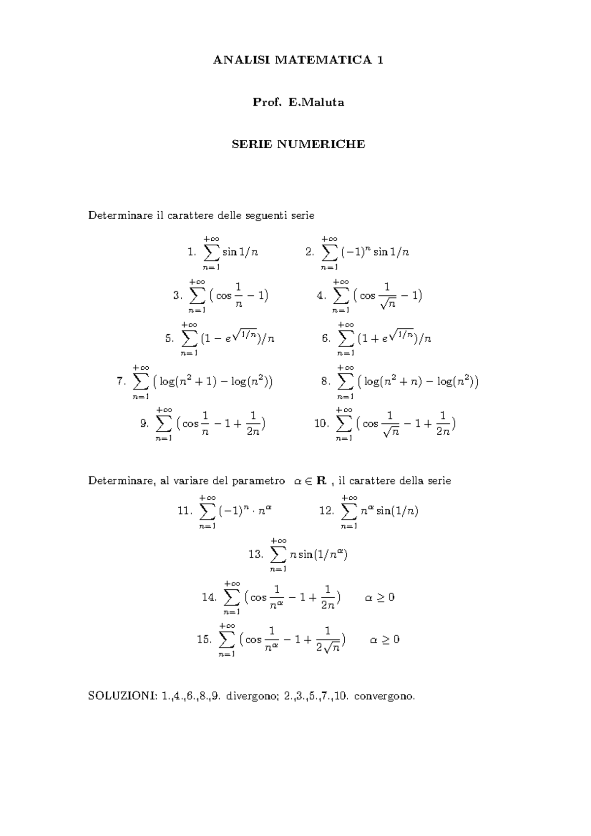 17 Esercizi Svolti Sulle Serie Numeriche
