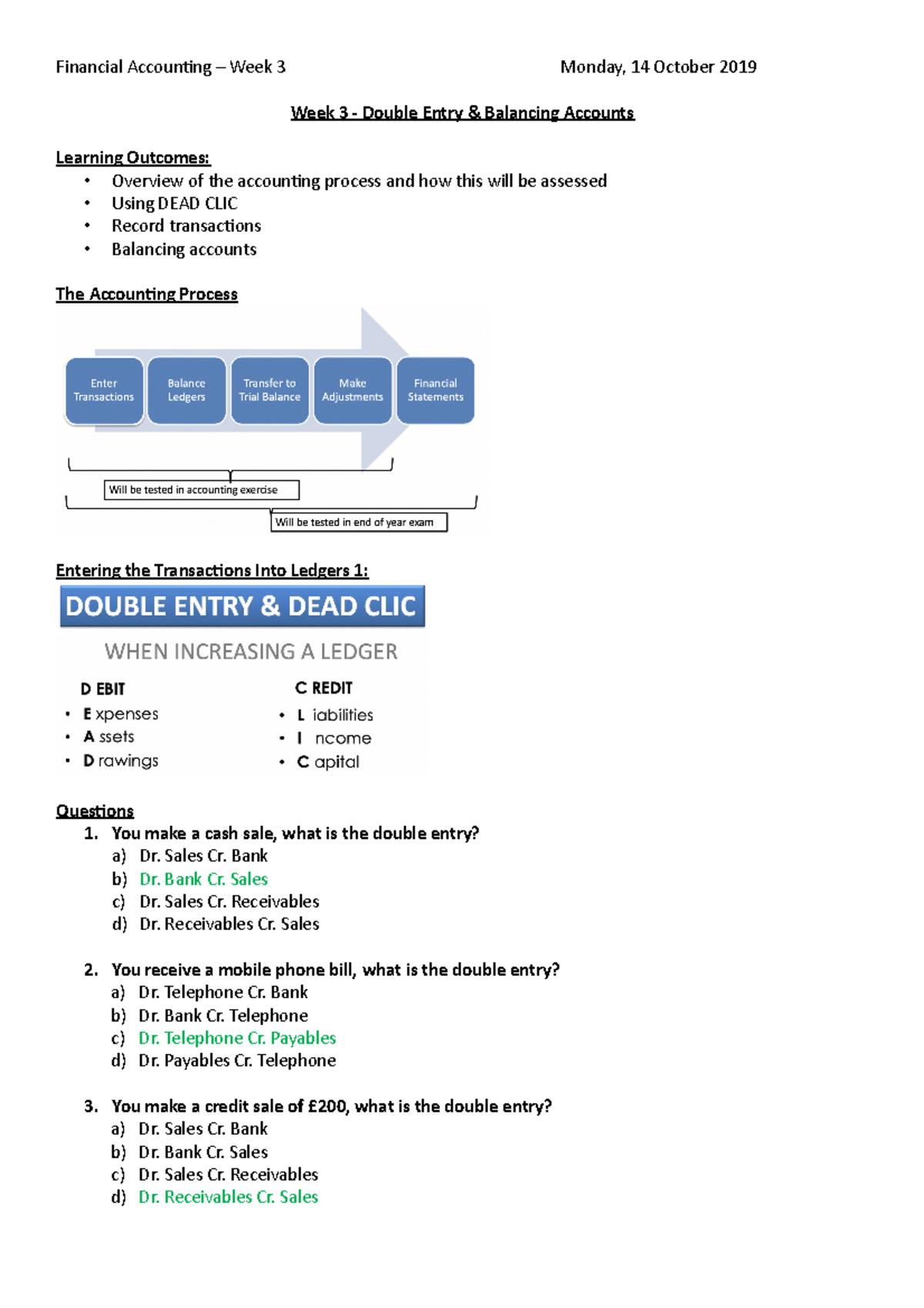 FA - Lecture - Week 3 - 14:10:2019 - Week 3 - Double Entry & Balancing ...