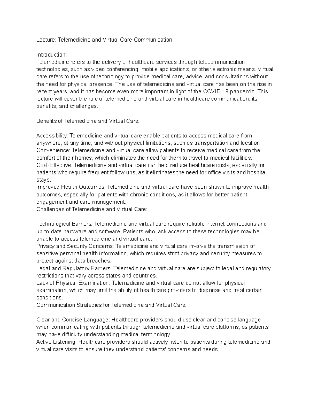 Health Communications (HLE2410) Lecture 27 Telemedicine and Virtual