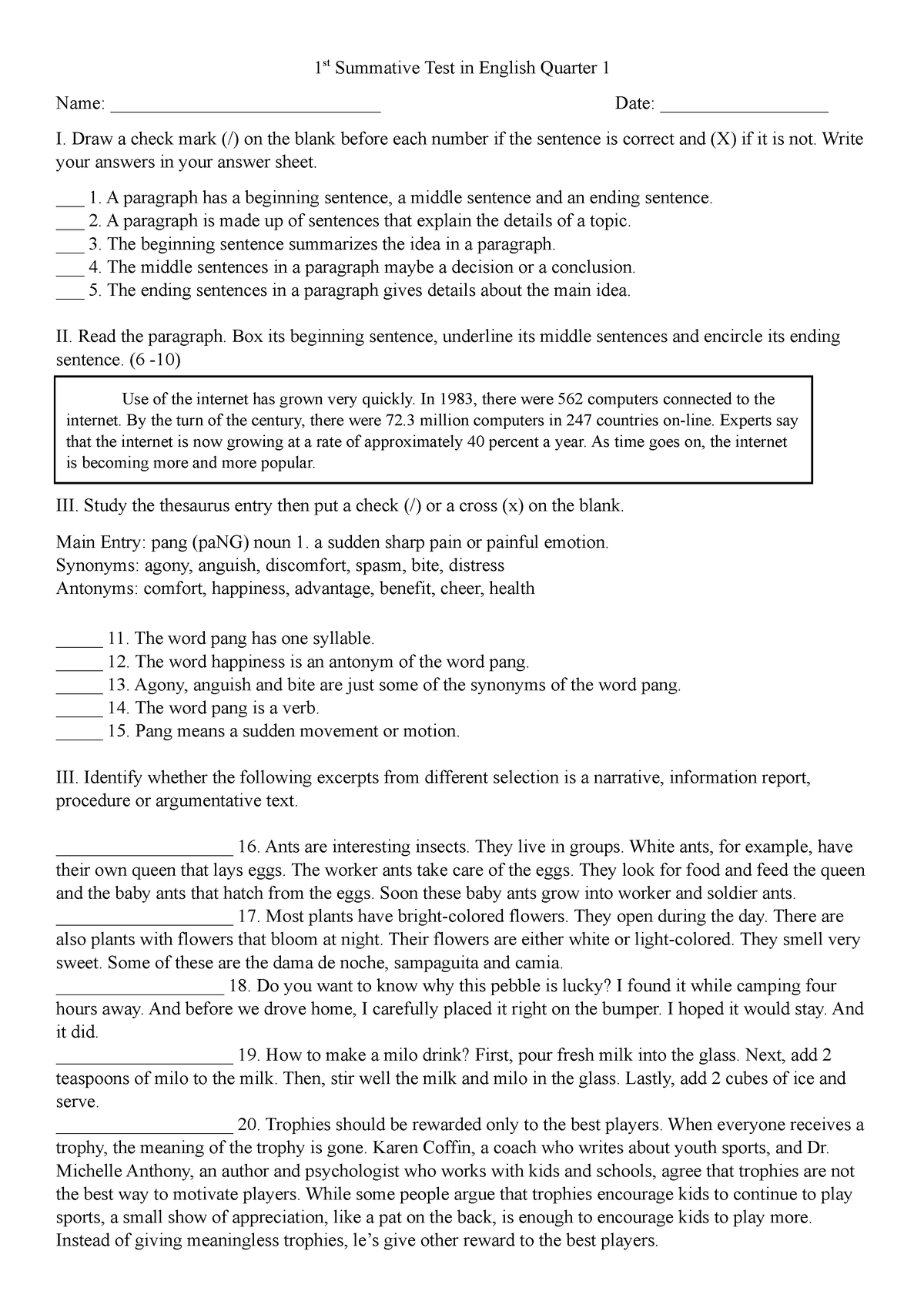 Englsh 1ST Summative - 1 st Summative Test in English Quarter 1 Name