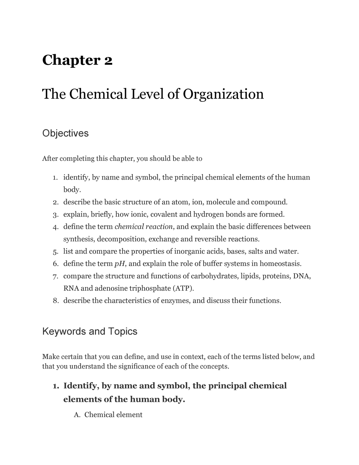 BIOL 235 Chapter 2 Notes - Chapter 2 The Chemical Level of Organization  Objectives After completing - Studocu