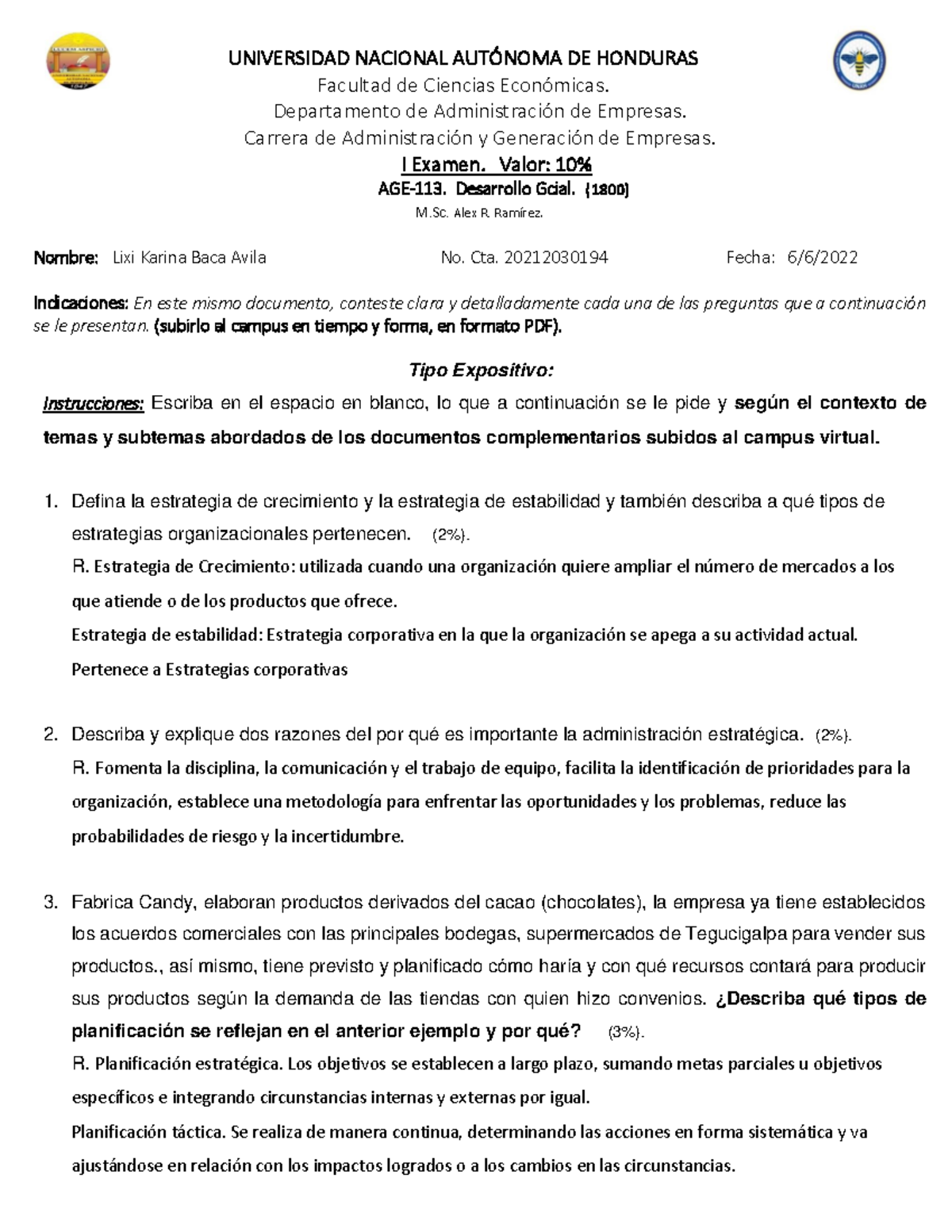 1er Examen 1800 Age 113 Iipac 2022 Universidad Nacional Aut”noma De Honduras Facultad De 3769