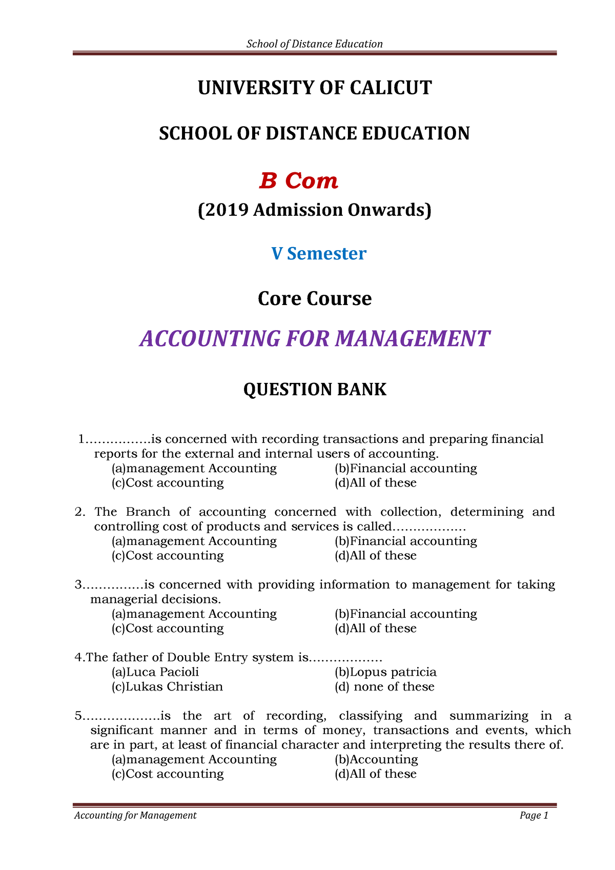 Accounting For Management B.com,m.com. Pratical Material - UNIVERSITY ...