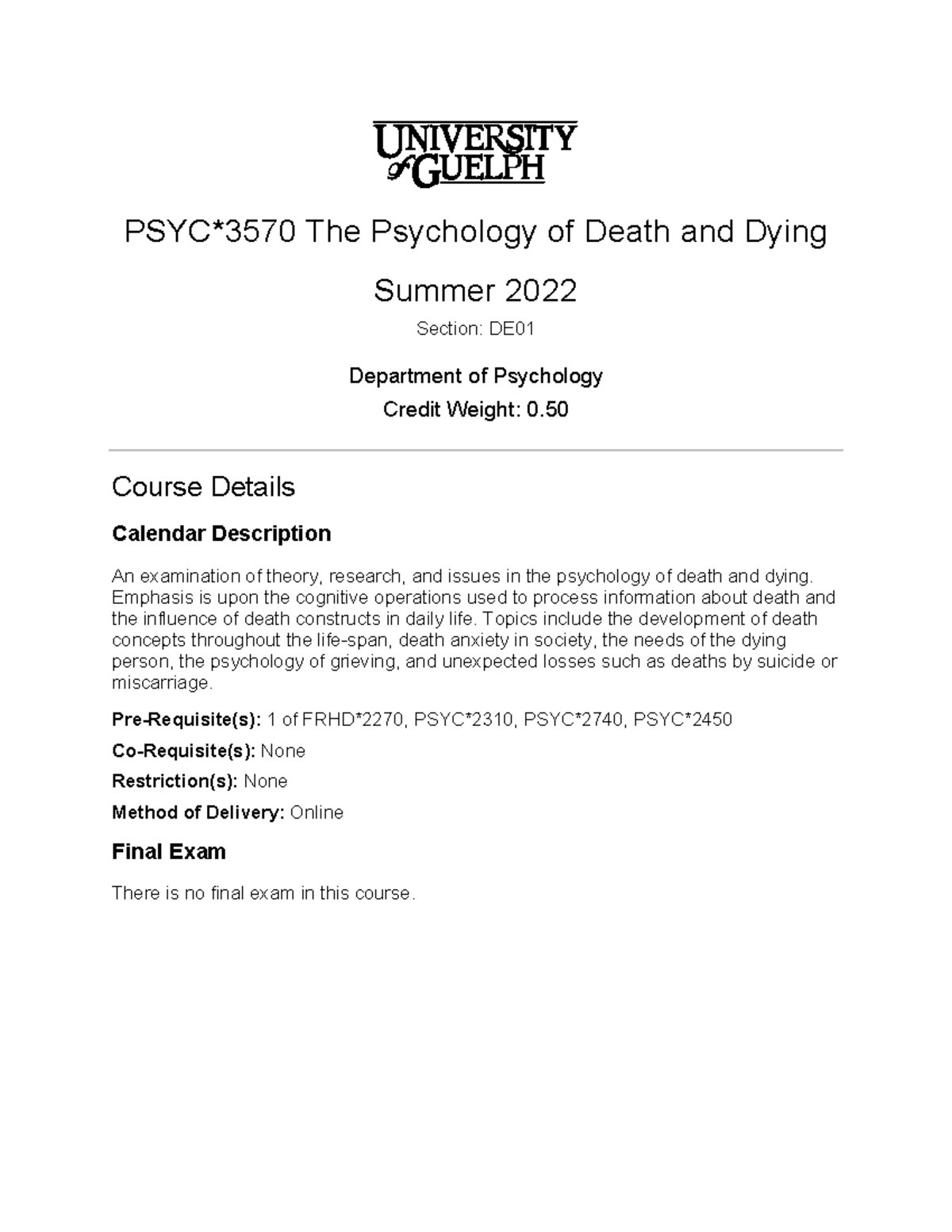 Outline - PSYC*3570 The Psychology of Death and Dying Summer 2022 ...