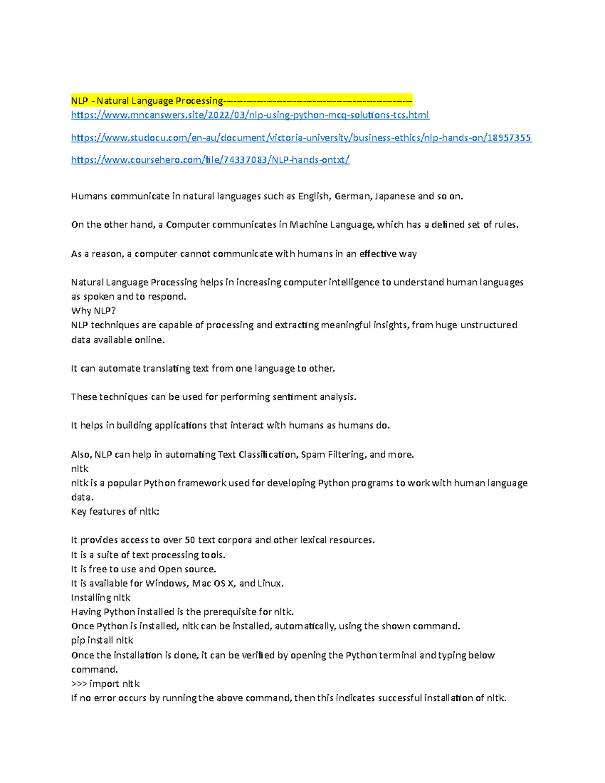 NLP Time Series - WITA2 - NLP - Natural Language Processing- - Studocu