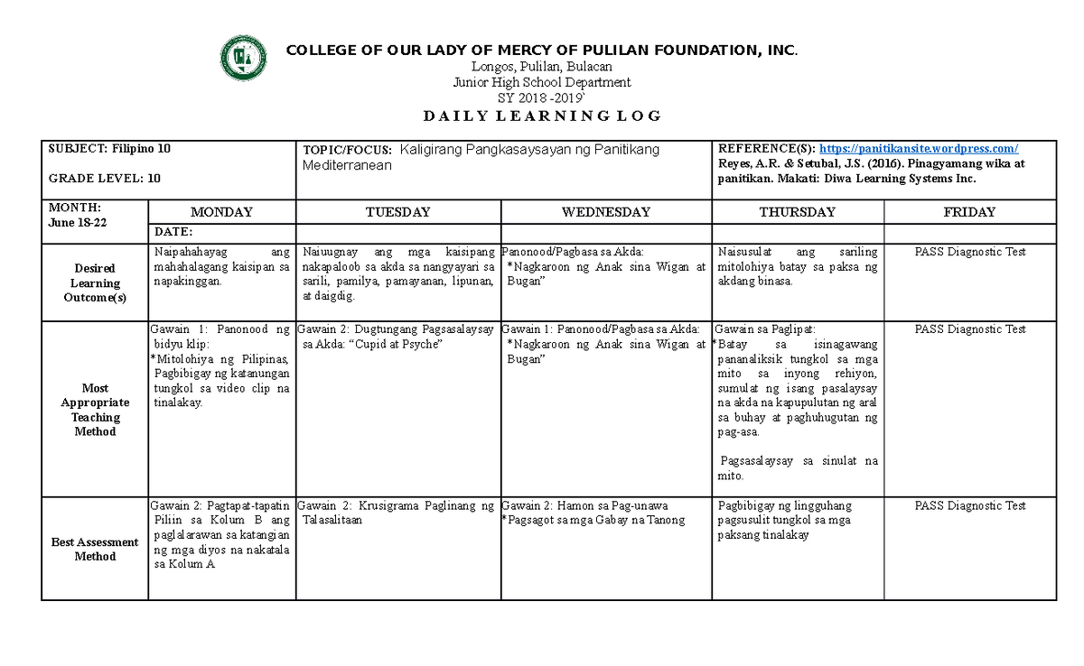 Daily- Learning-LOG-Filipino 10 Week 1 - Studocu