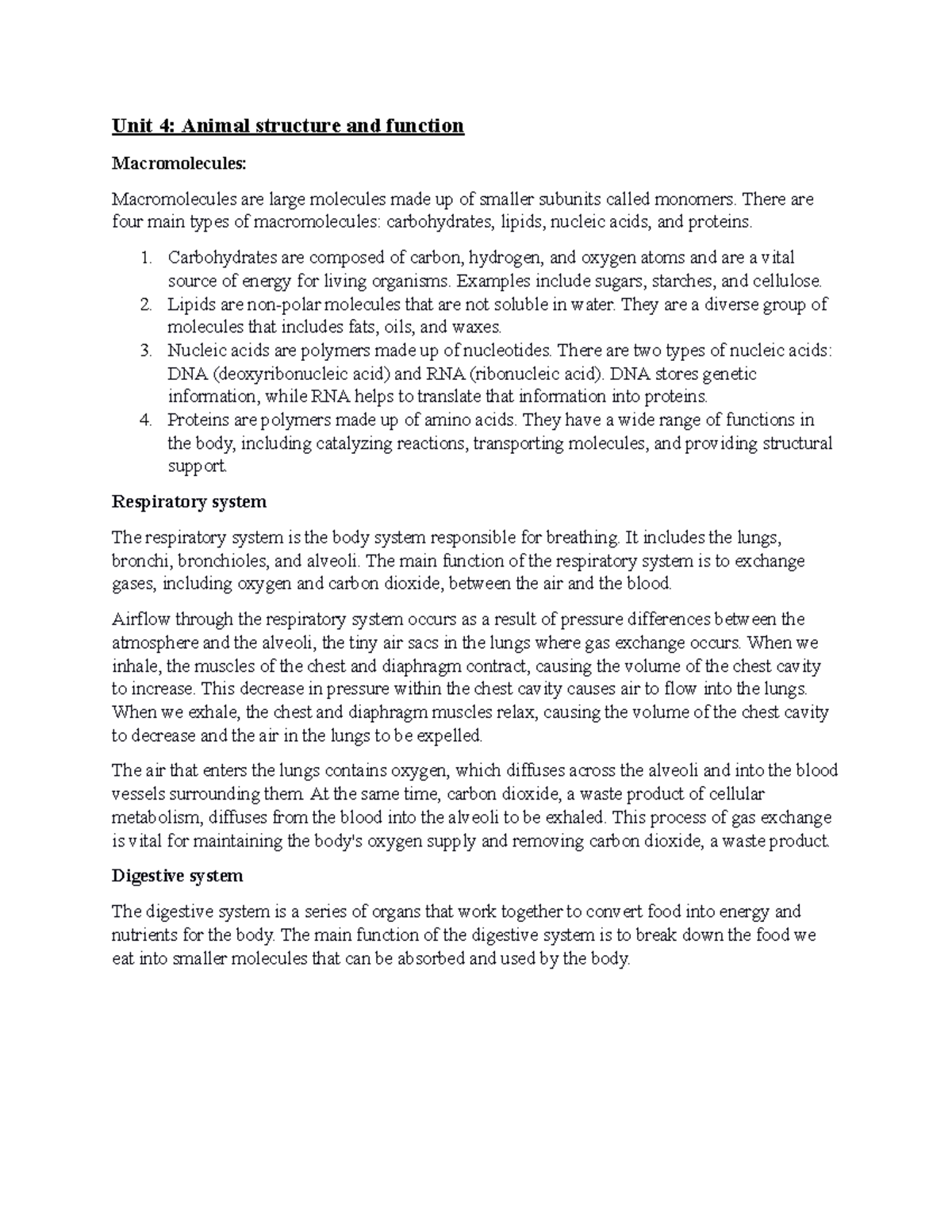 Final bio review part 3 - Unit 4: Animal structure and function ...