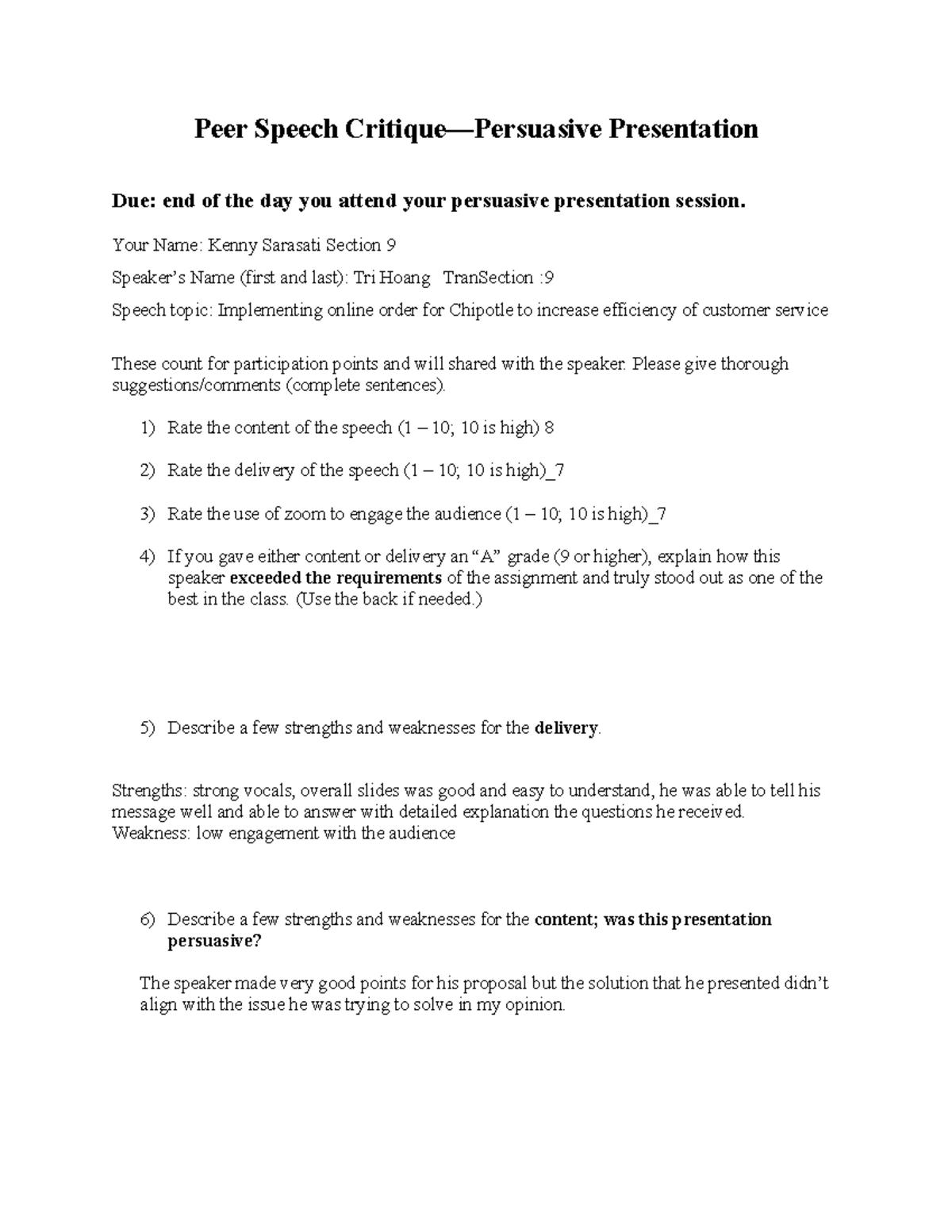 Peer Speech Critique Persuasive Presentation Peer Speech Critique