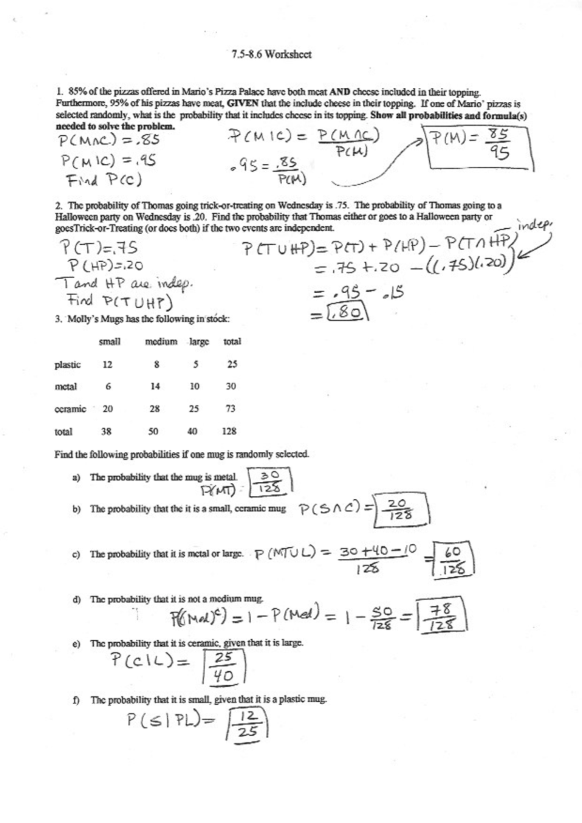 7.5-8.6 Worksheet Solutions - Worksheet 1. of the pizzas offered in ...