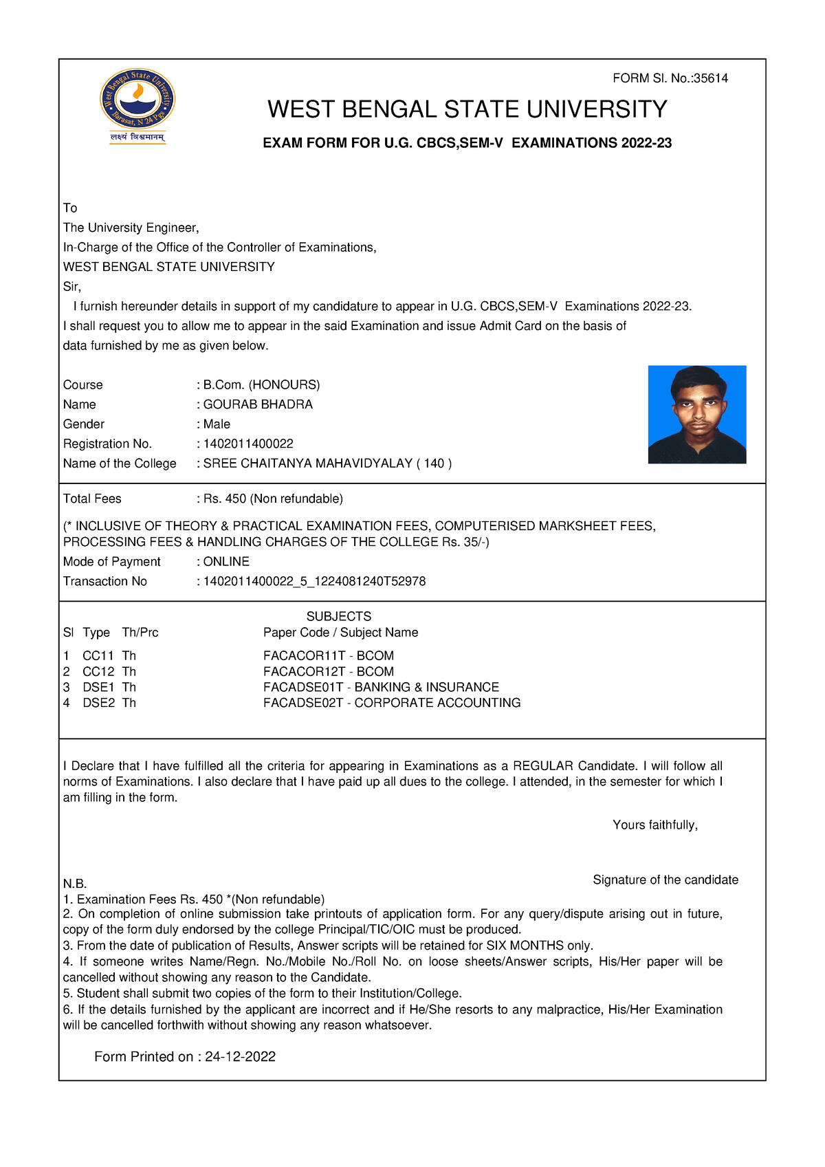 1402011 400022 - FORM Sl. No.: WEST BENGAL STATE UNIVERSITY EXAM FORM ...