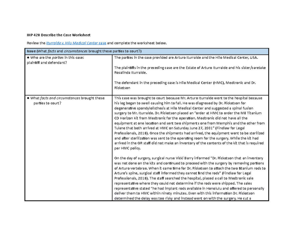 IHP 420 1-2 Worksheet Describe the Case - IHP 420 Describe the Case  Worksheet Review the Iturralde - Studocu