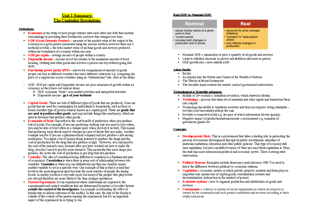 Unit 1 summary - first unit - Unit 1 Summary: The Capitalist Revolution ...
