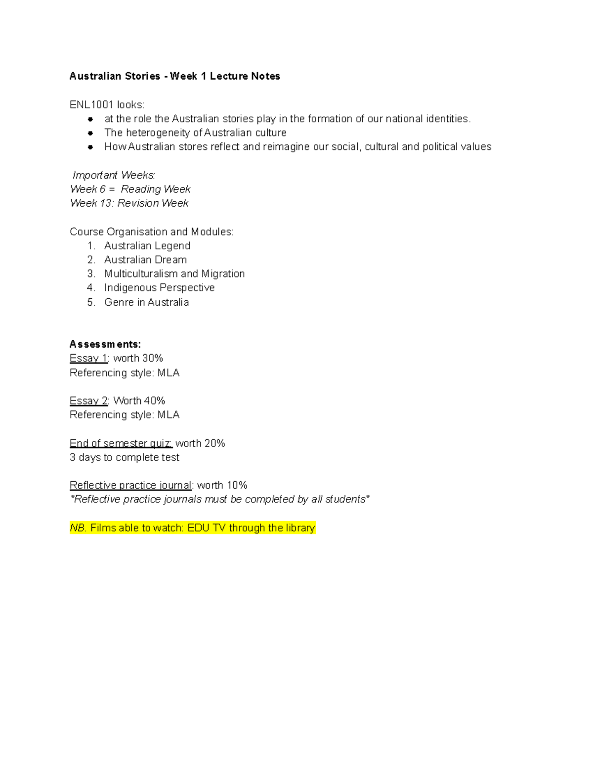 Australian Stories - Week 1 Lecture Notes - The heterogeneity of ...