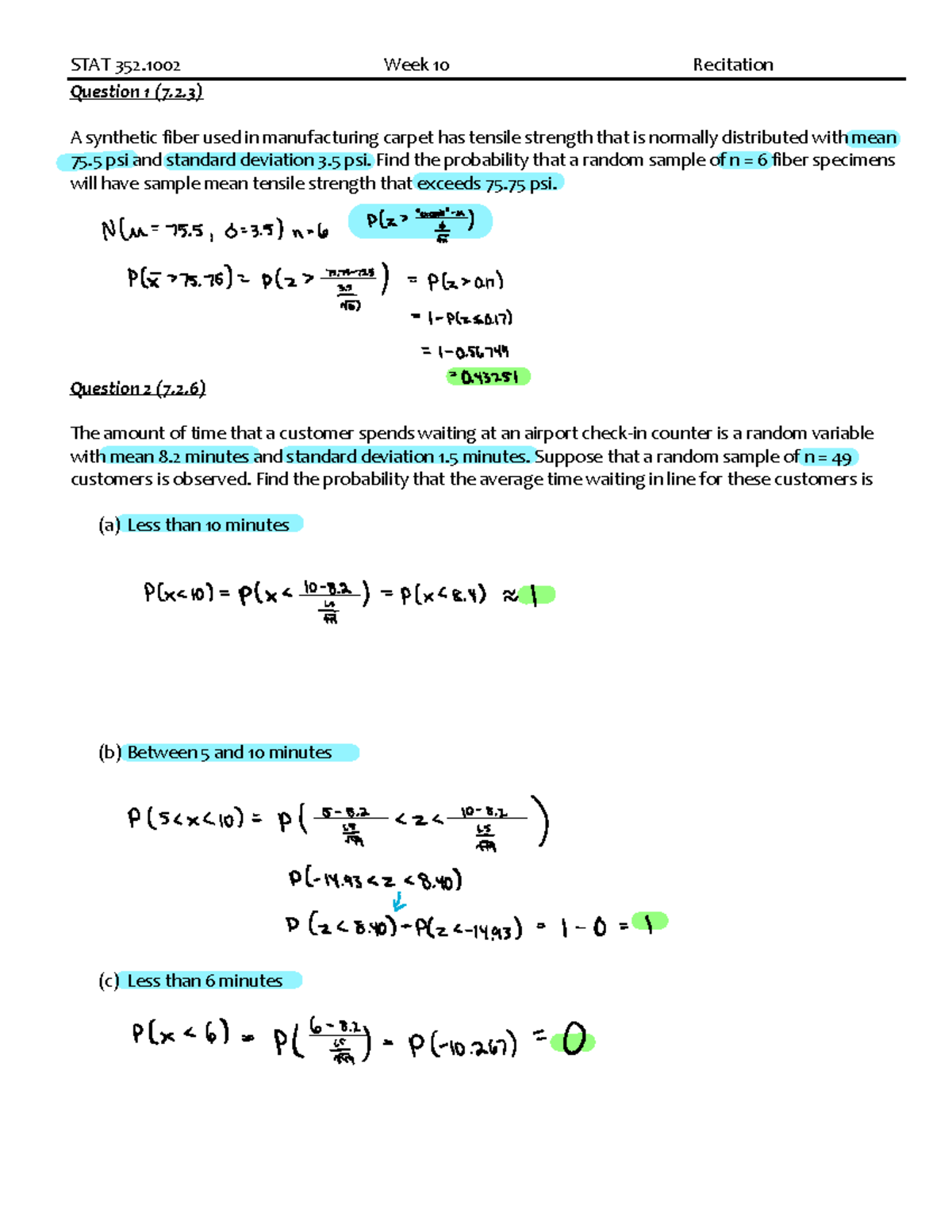 STAT 352 - Week 10 - Quiz Notes - STAT 352 Week 10 Recitation Question ...