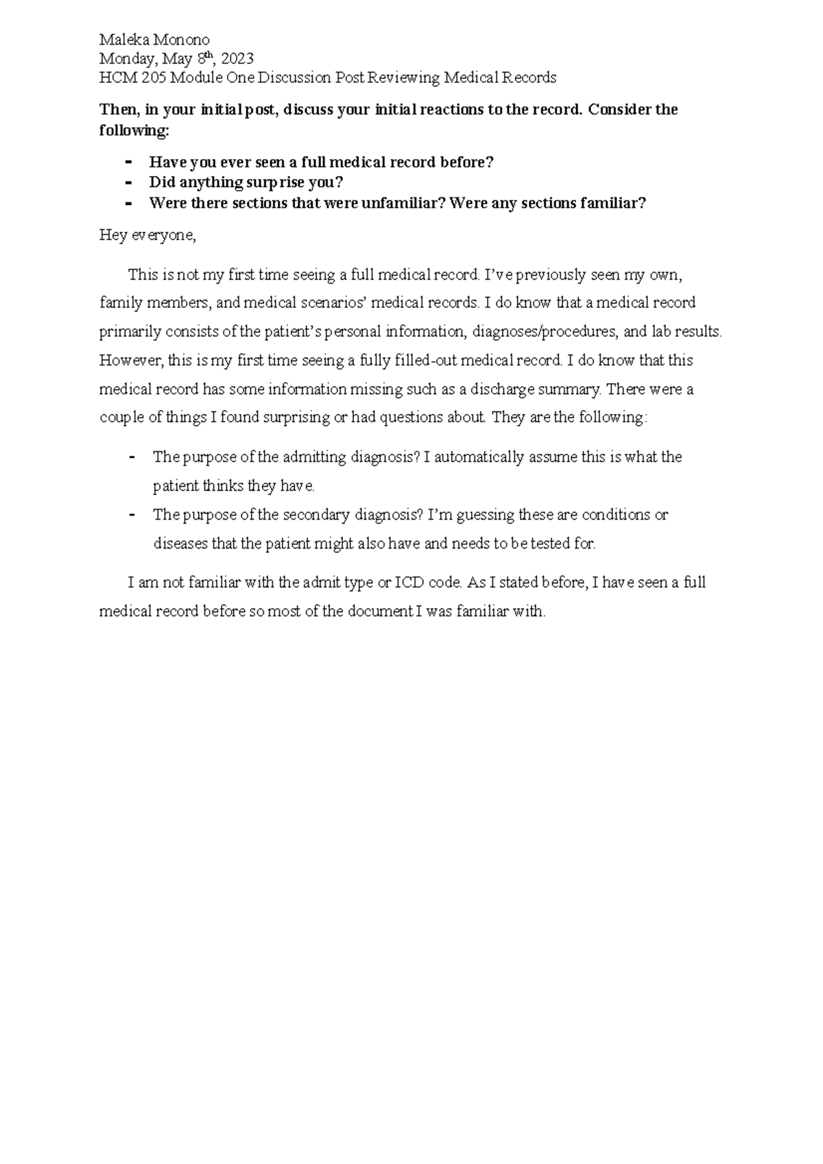 HCM 205 Module One Discussion Post Reviewing Medical Records Consider