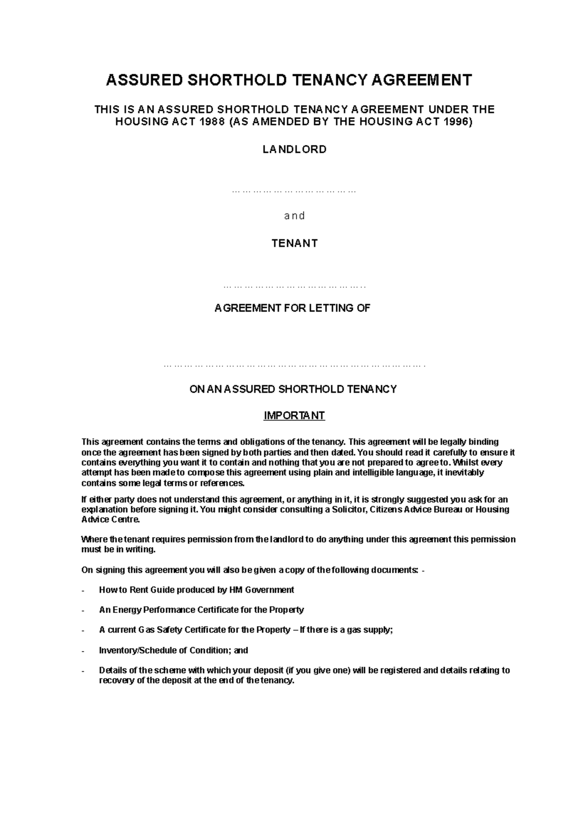 Shorthold Tenancy Agreement Template Pdf