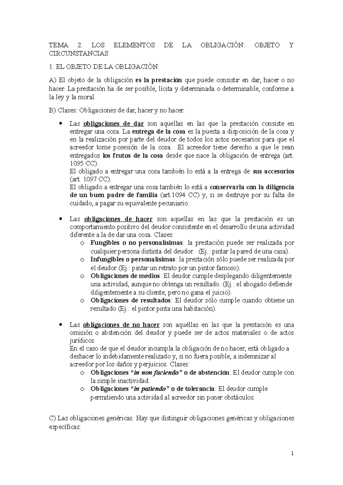 Apuntes Tema 1 Derecho de Obligaciones y Daños - TEMA 2. LOS ELEMENTOS ...