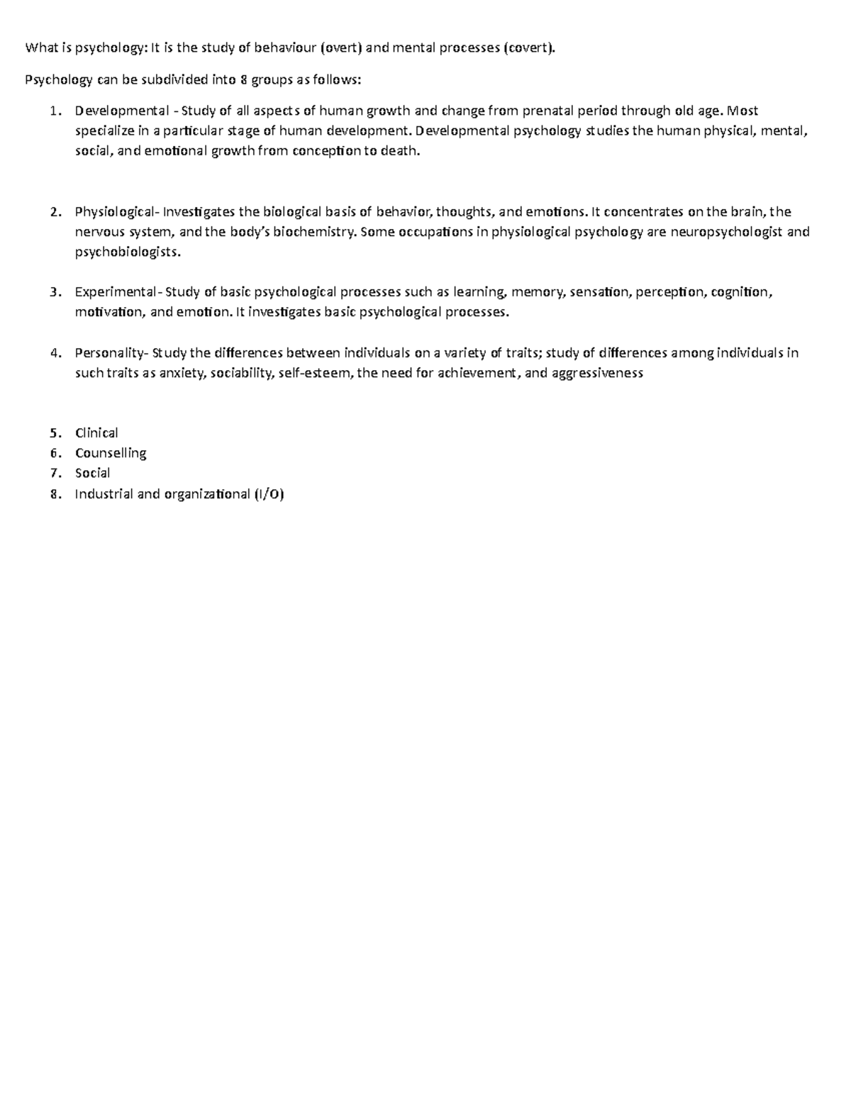 PSYC 101 Notes - chapter 1 - What is psychology: It is the study of ...