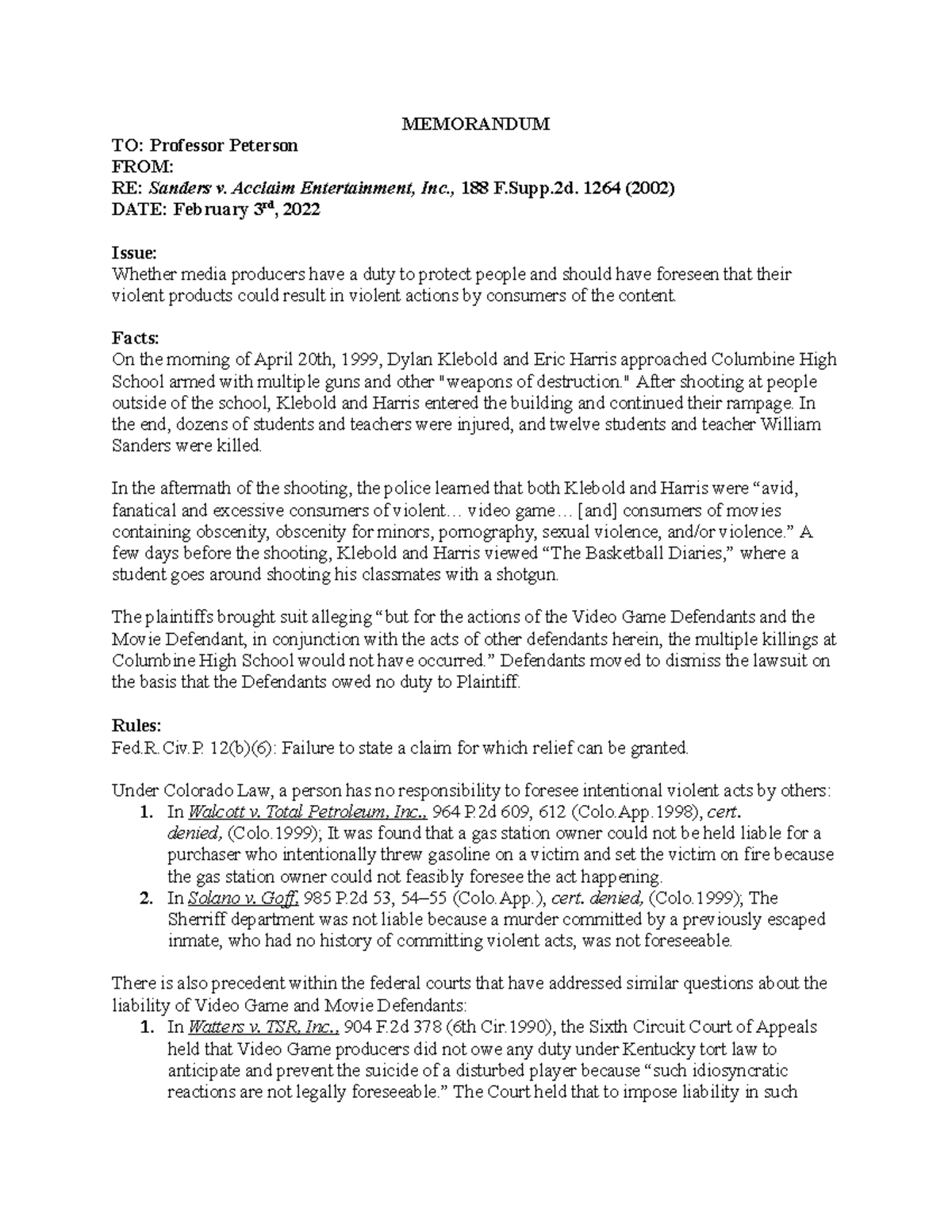 Sanders v. Acc. Ent. Brief MEMORANDUM TO Professor Peterson FROM RE