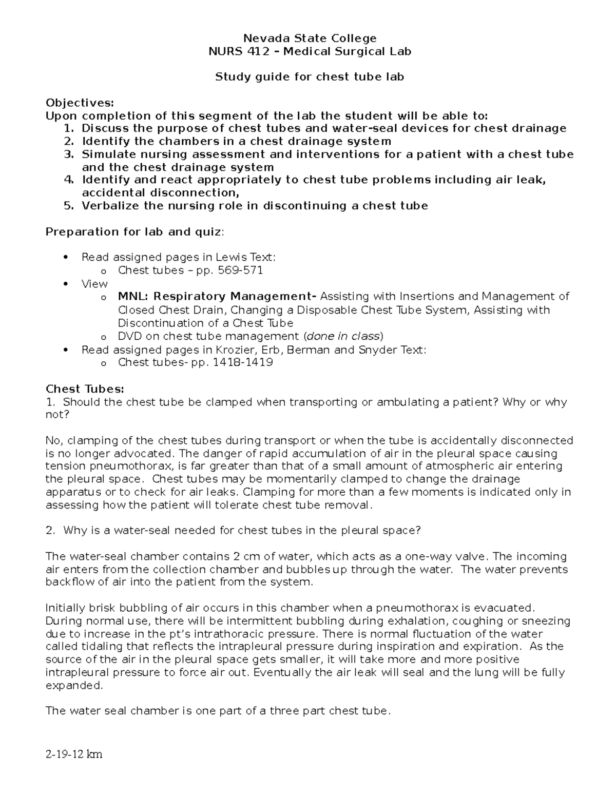 Chest tube study guide MS Lab - Nevada State College NURS 412 – Medical ...