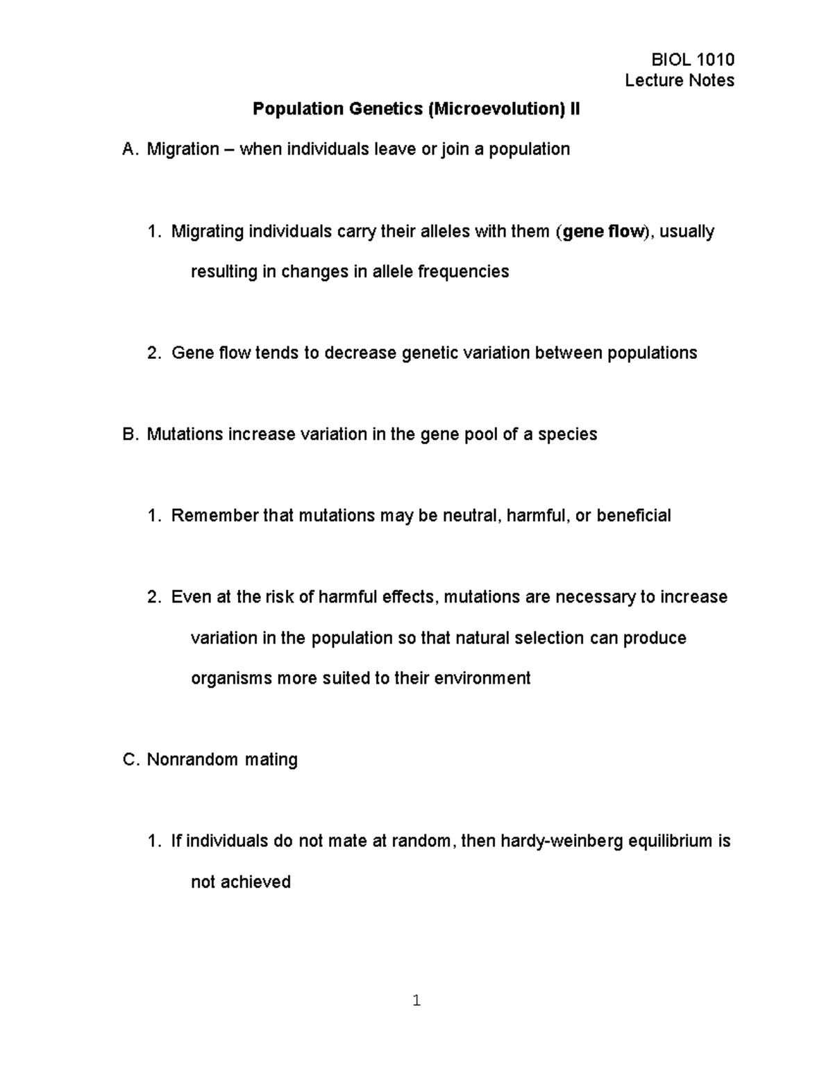 2021 BIOL 1010 Biology Lecture Notes Microevolution 23B - Lecture Notes ...