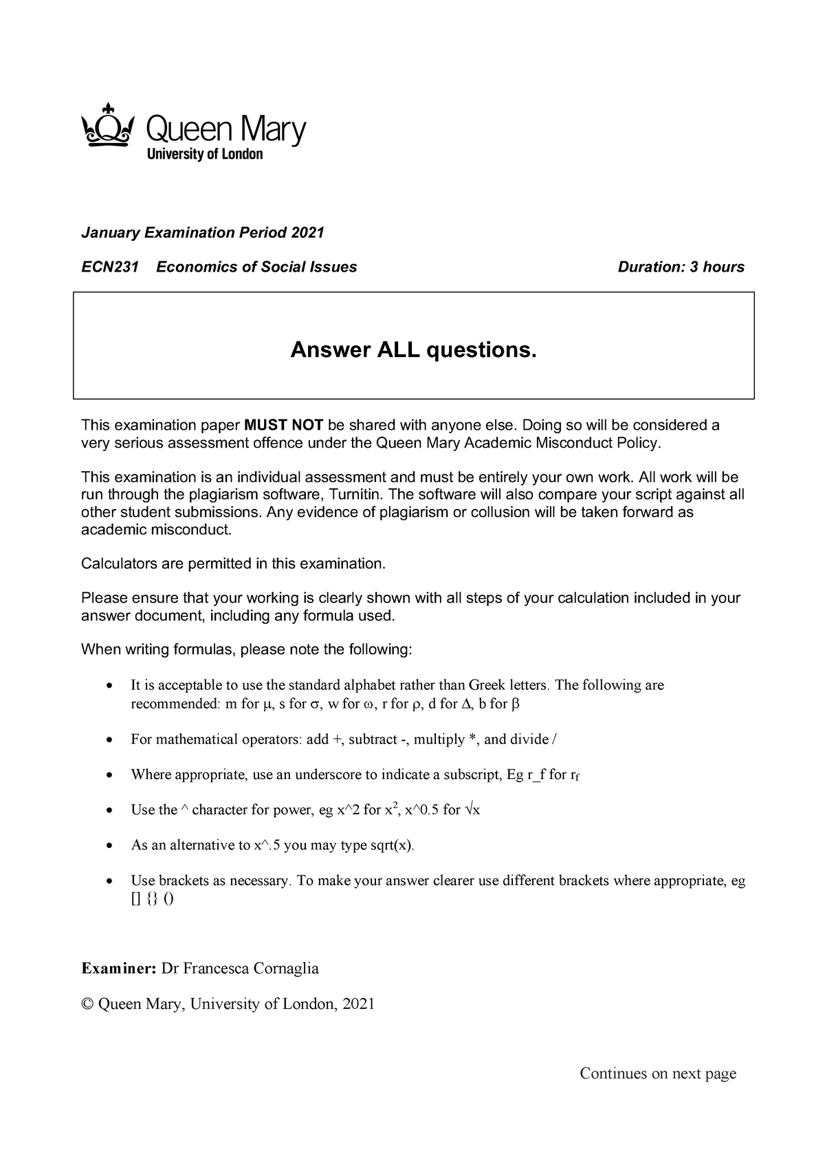 ECN231 - N/A - Continues on next page January Examination Period 2021 ...