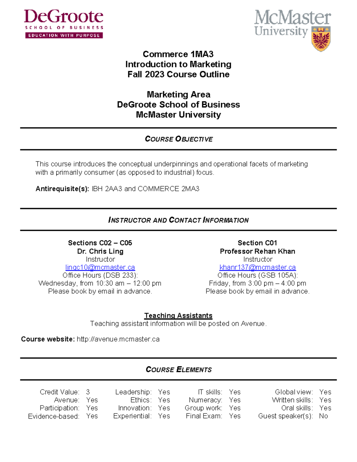 Commerce 1MA3 - Introduction to Marketing - Fall 2023 - Commerce 1MA ...