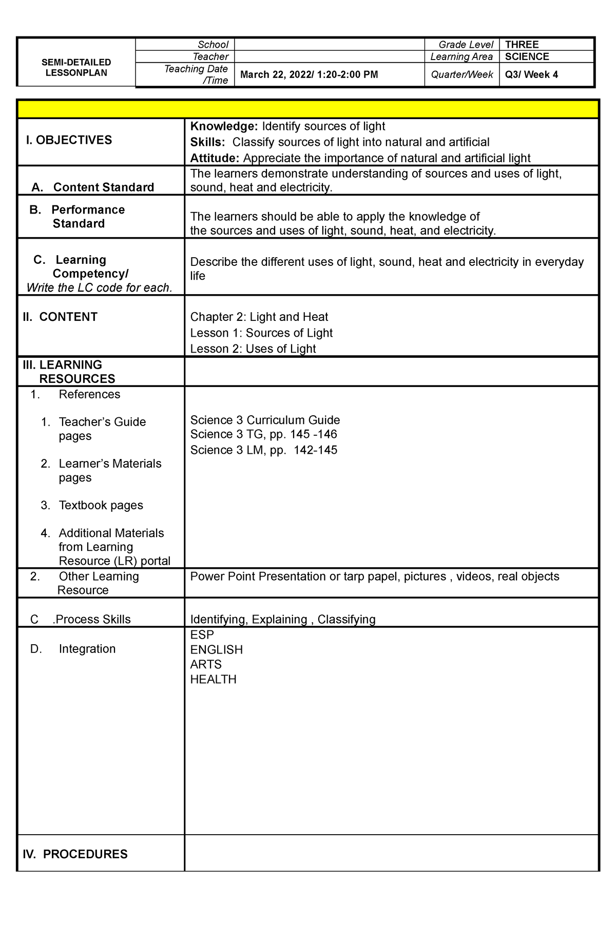 Grade 3 science CO final - SEMI-DETAILED LESSONPLAN School Grade Level ...