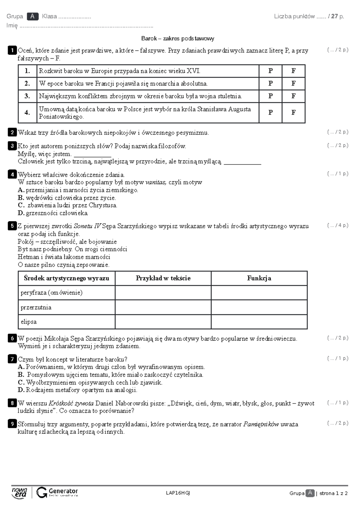 Barok zakres podstawowy Test z widoczna punktacja LAP16HGJ Grupa A