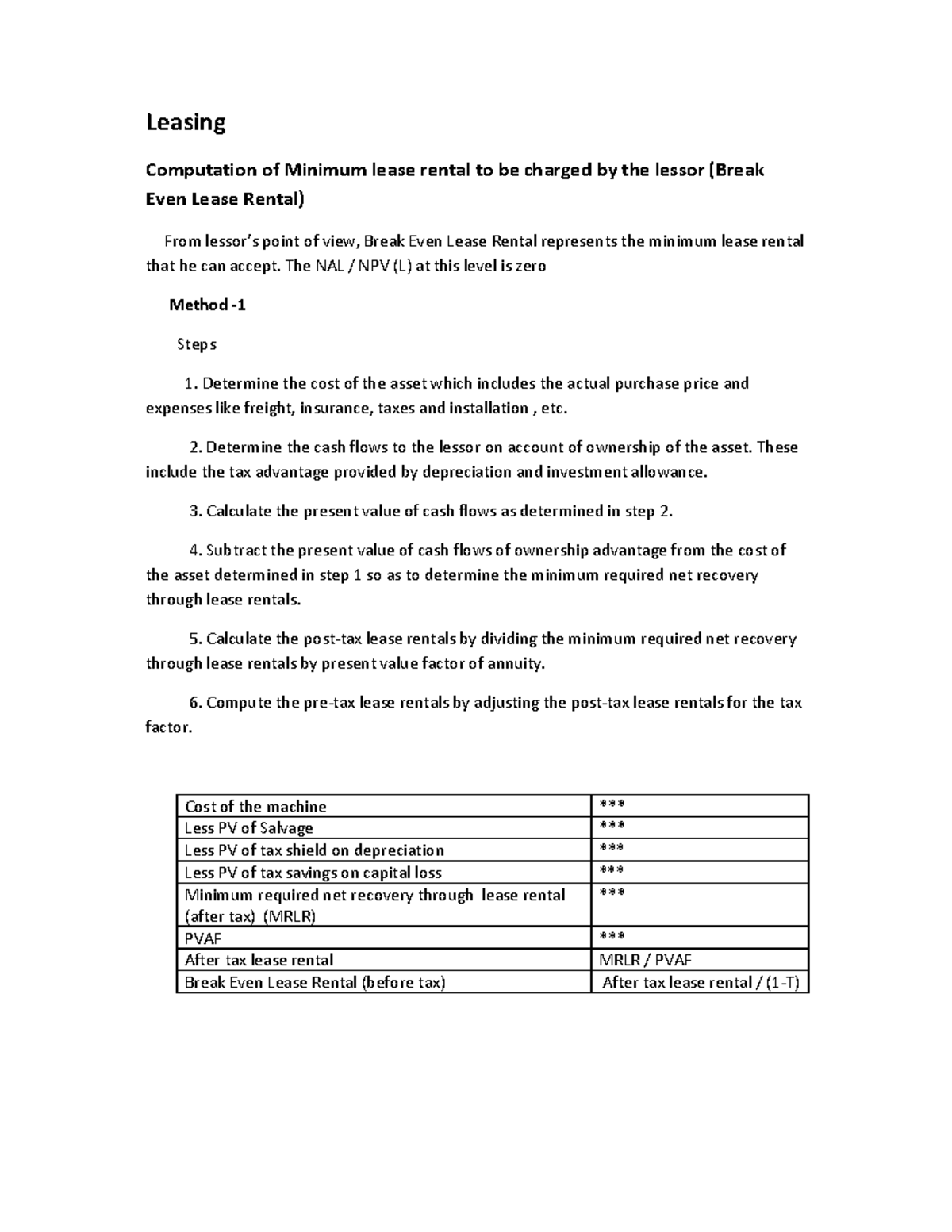 Leasing notes7 Leasing Computation of Minimum lease rental to be