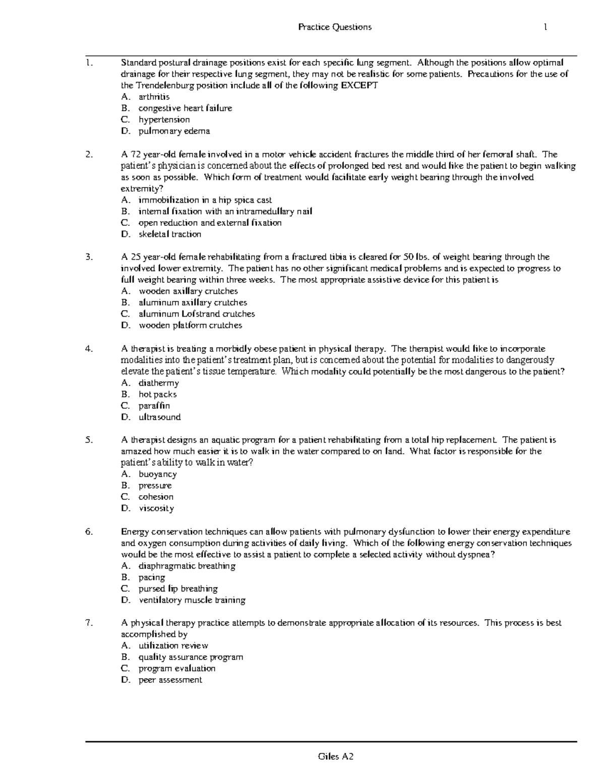 Giles A207 Sullivan A practice questions 2021/2022 - Physiotherapy ...