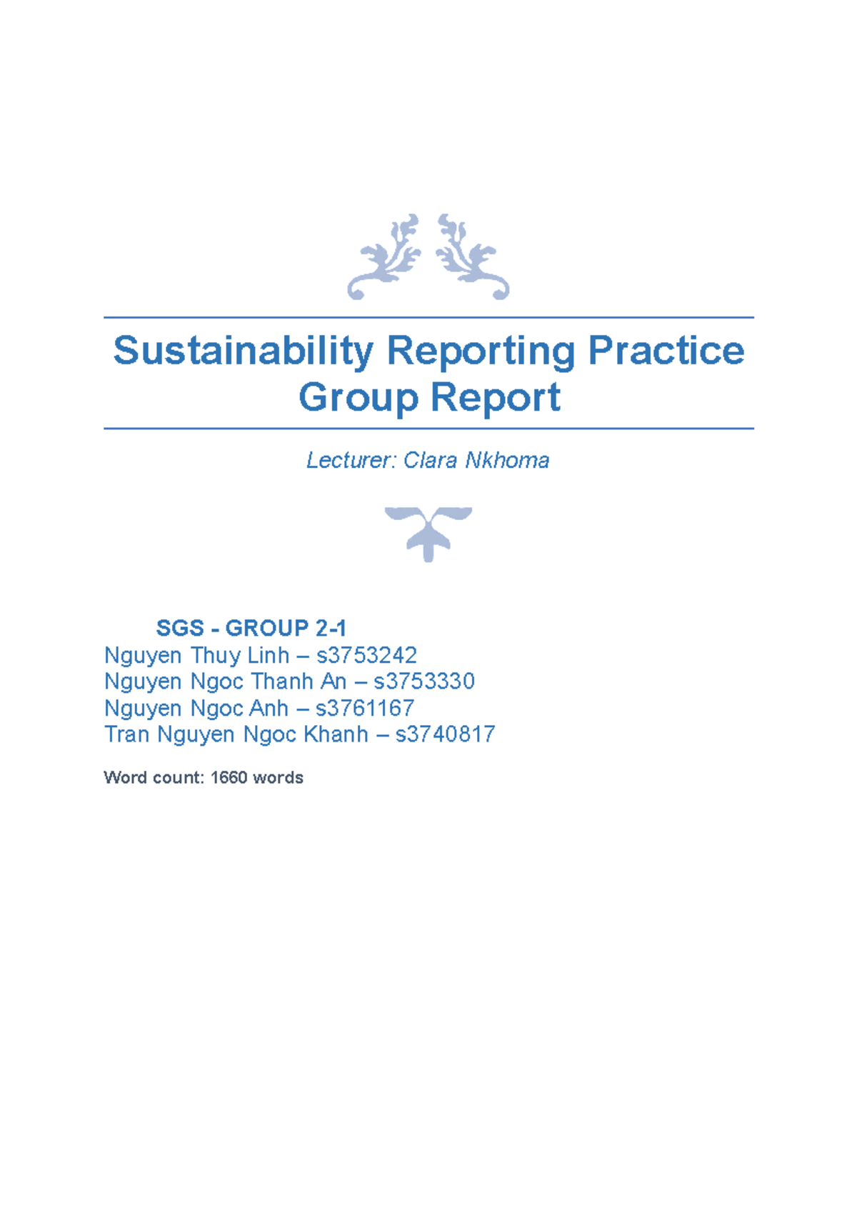 ACCT2105 Group 2-1 Sustainability report - Accounting in Organisations ...