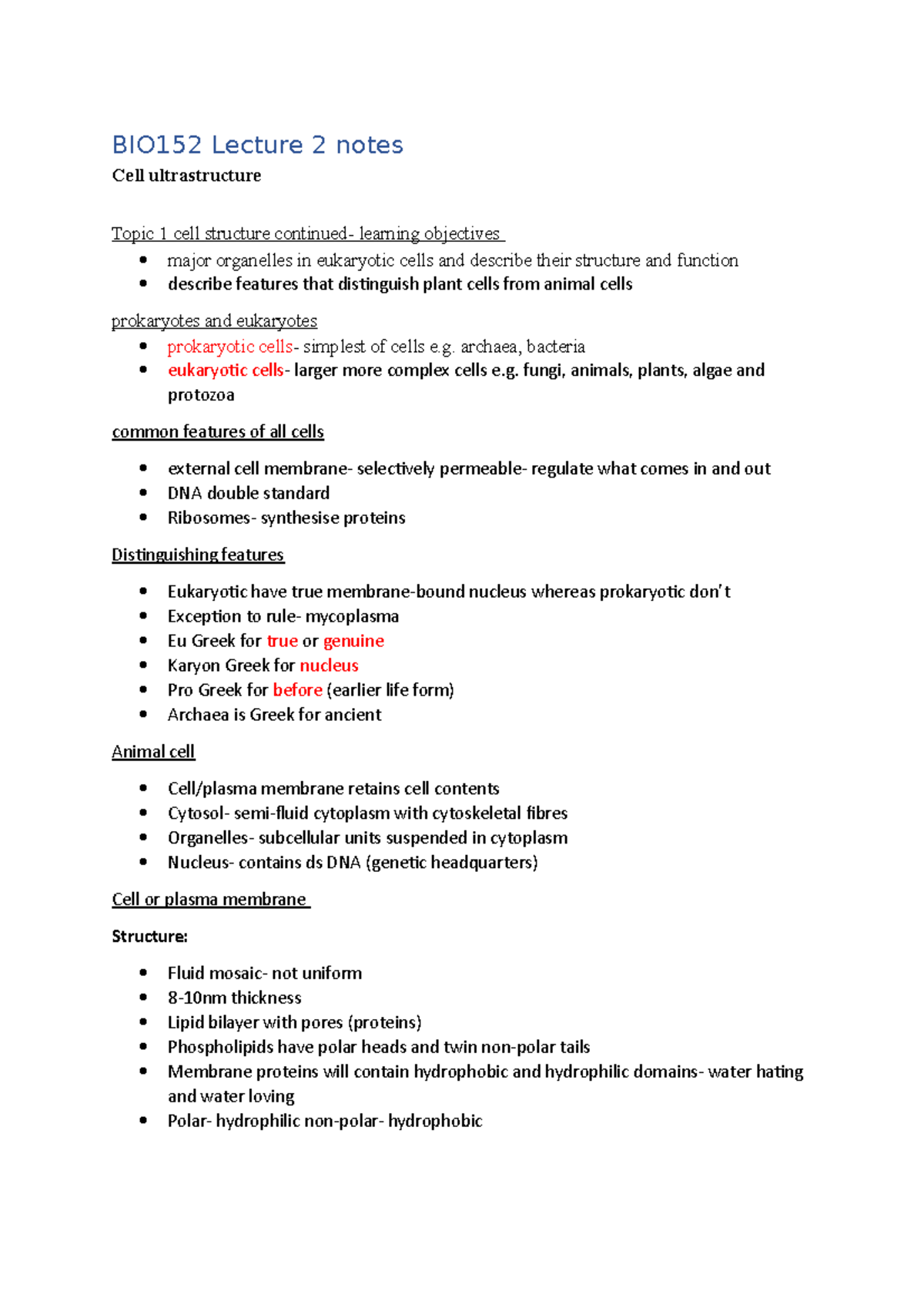 Lecture 2 Notes - BIO152 Lecture 2 Notes Cell Ultrastructure Topic 1 ...