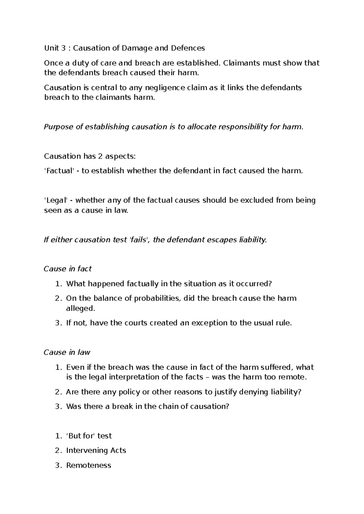 Unit 3 - Brief Notes - Unit 3 : Causation of Damage and Defences Once a ...