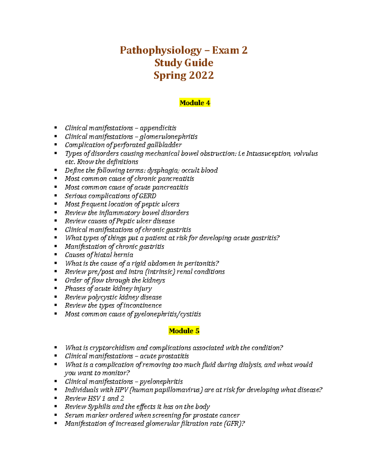 Pathophysiology - Exam 2- Study Guide ( Spring 2022) - Pathophysiology ...