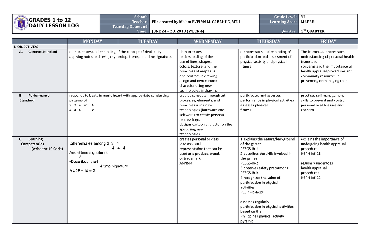 DLL Mapeh 6 Q1 W4 - Dll Sample - GRADES 1 To 12 DAILY LESSON LOG School ...